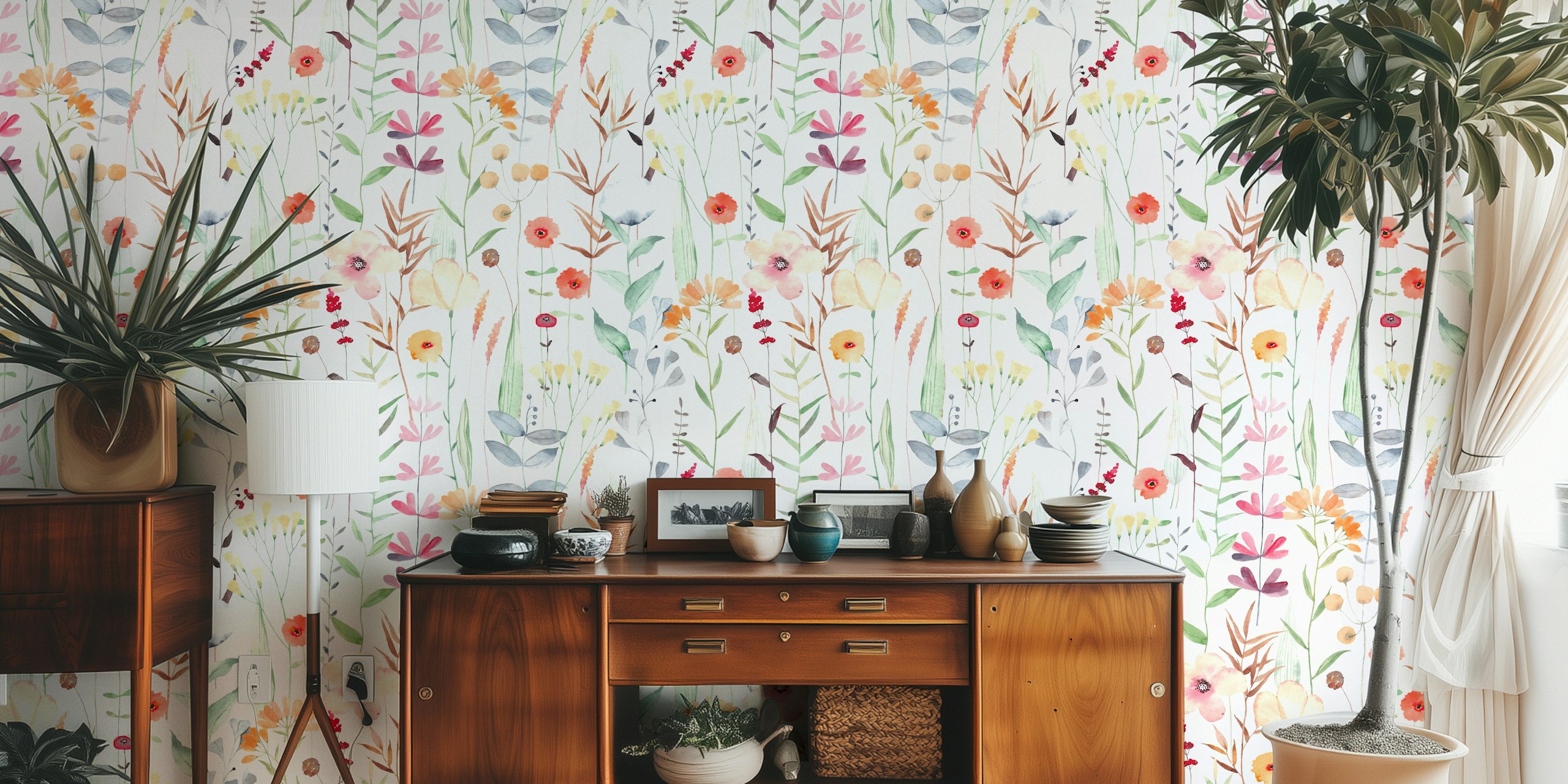 Colorful watercolor flowers in soft hues on white wallpaper