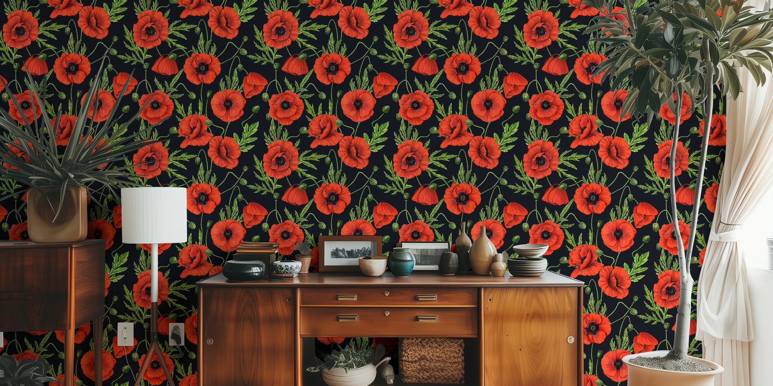 Poppies on black design della carta da parati in una stanza