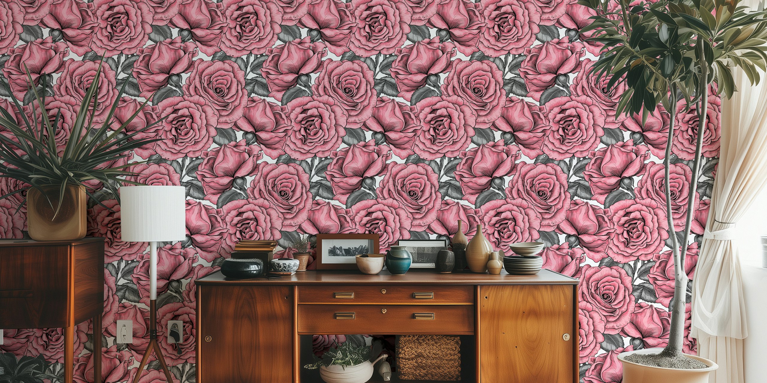 Pink roses with green leaves floral wallpaper