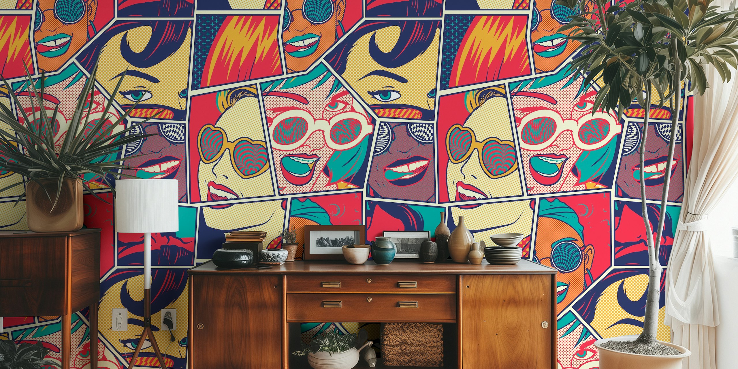 Collage de portraits de femmes avec lunettes colorées, style rétro, papier peint