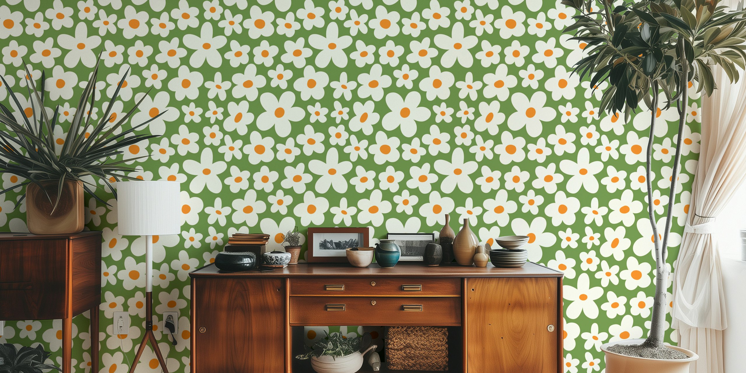 Papel de parede Groovy flower pattern em um quarto