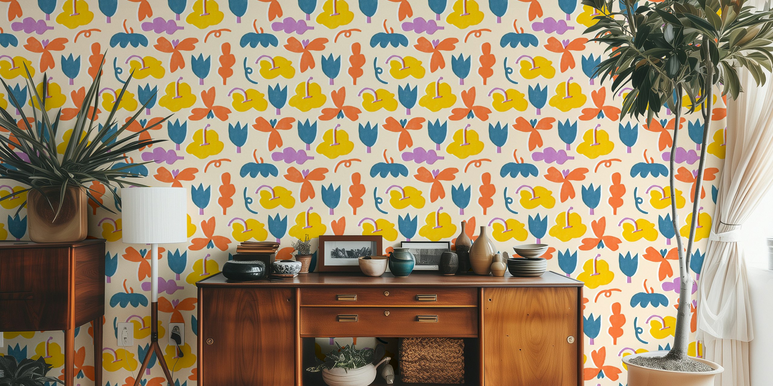 Kleurvolle happy retro wallpaper in een kamer