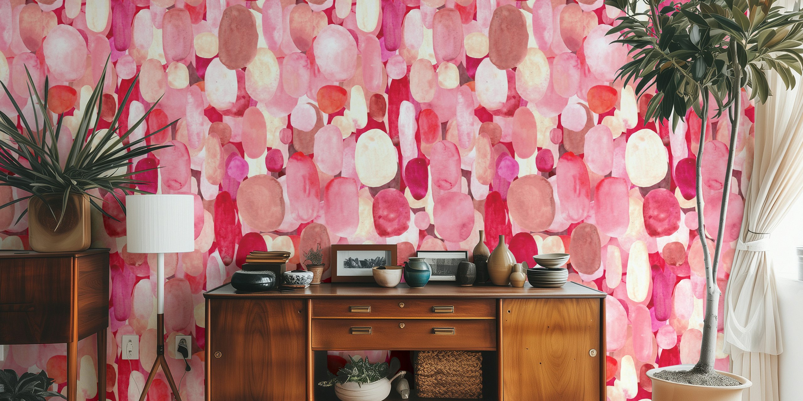 Colorful red spots pattern wallpaper in a room