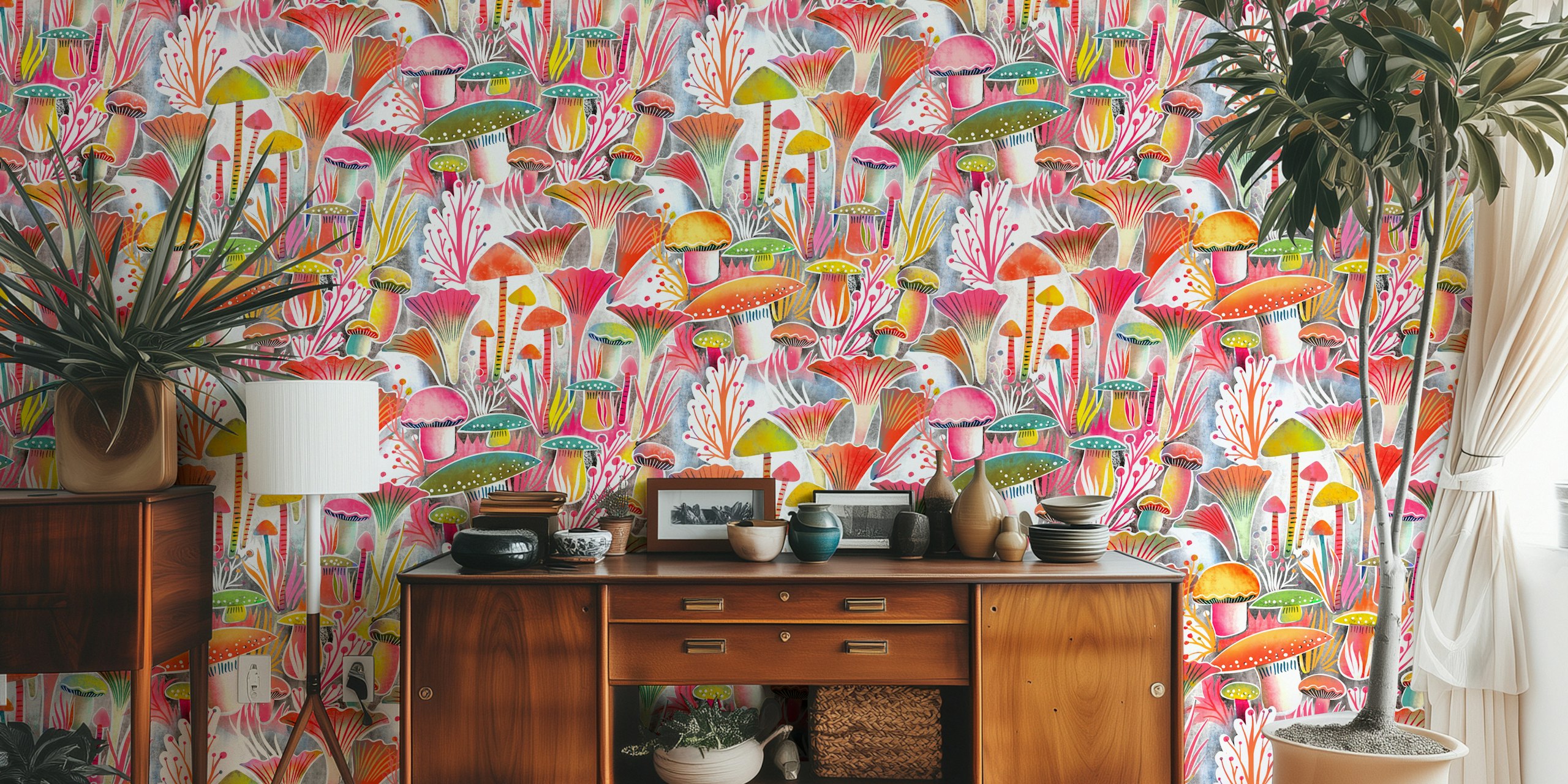 Colorful mushroom forest design featuring pink and green mushrooms, modern watercolor wallpaper