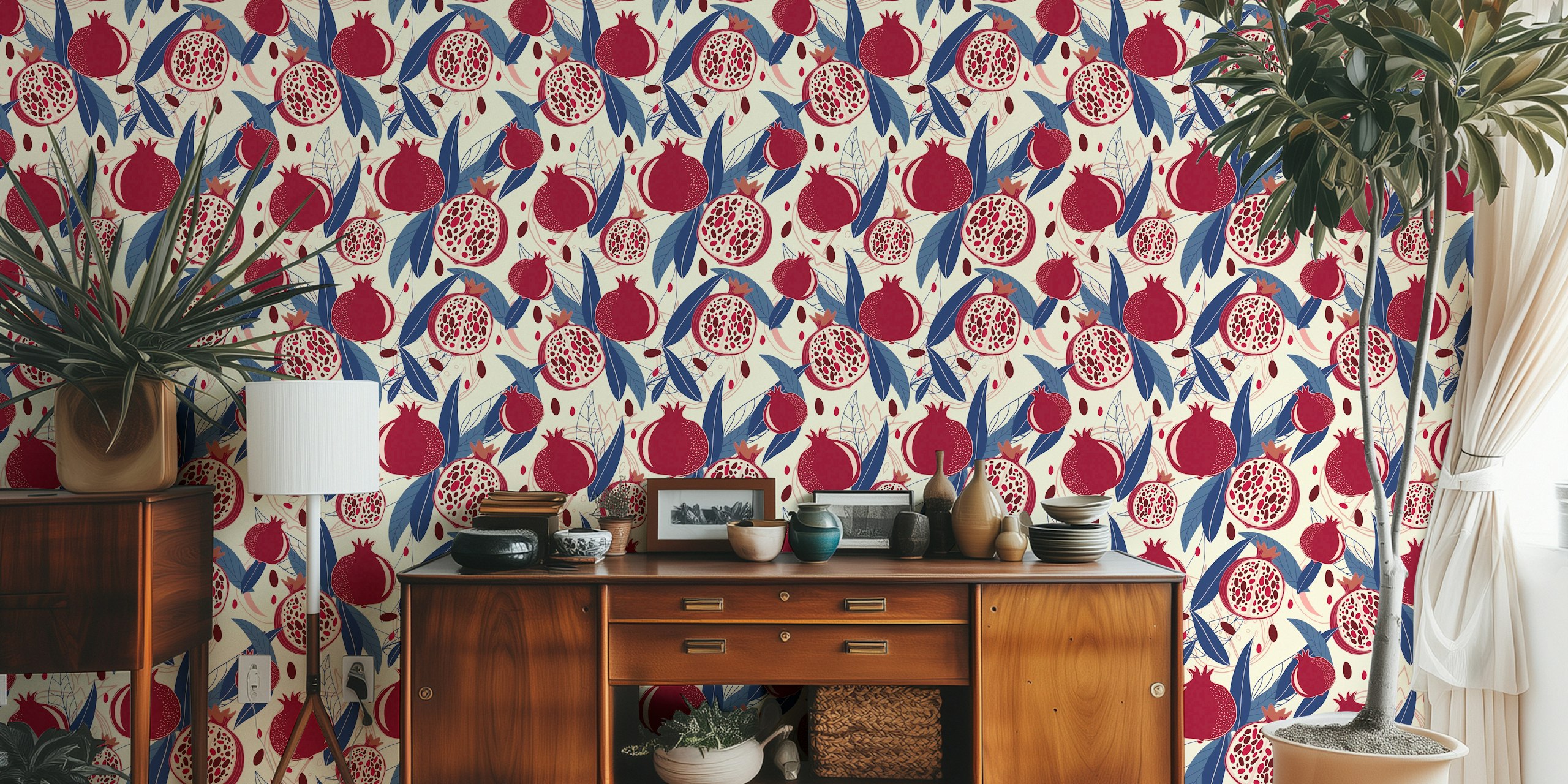 Granadina-kuvioinen seinämaalaus, jossa kypsiä granaattiomenia ja lehtiä