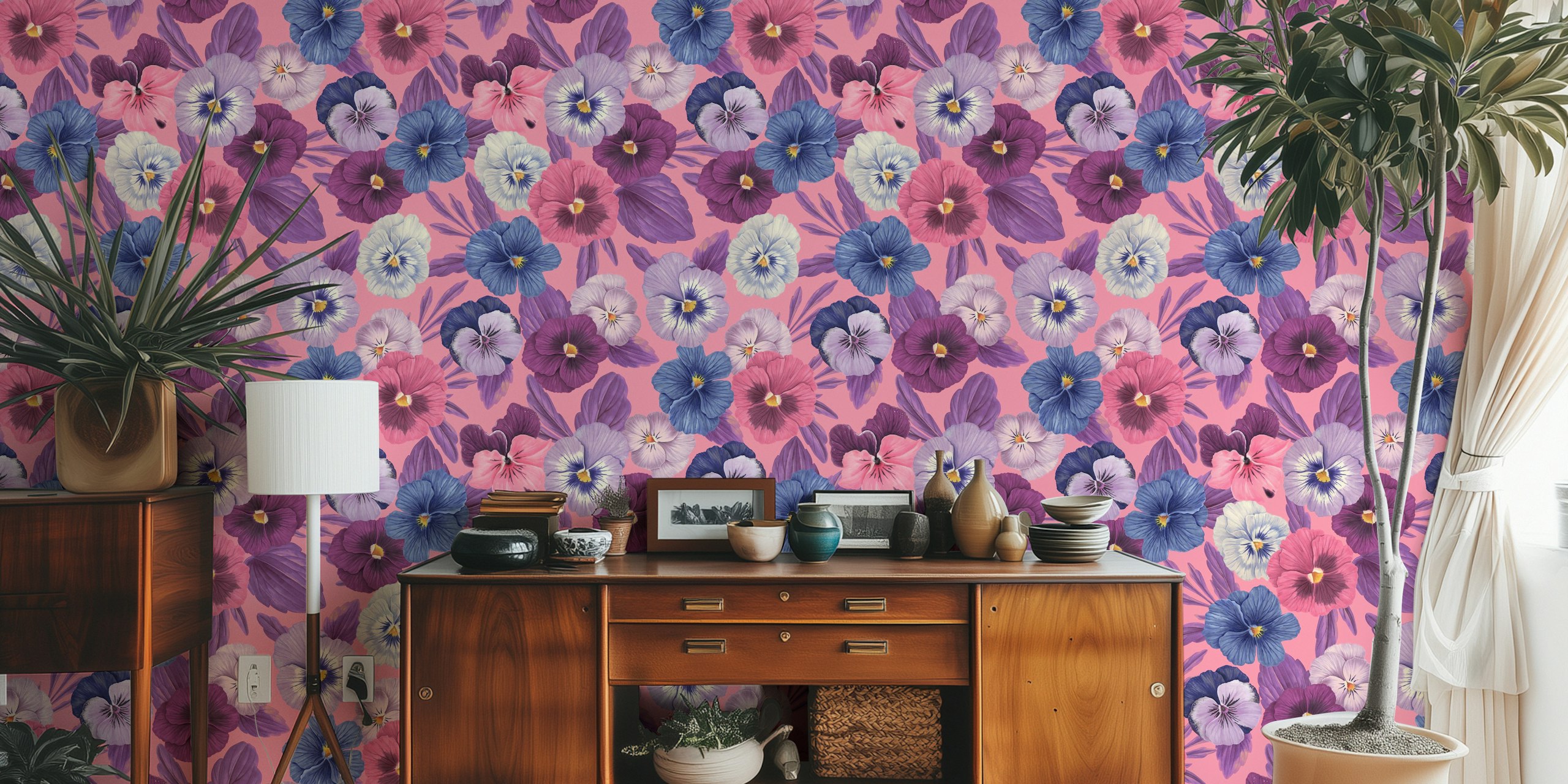 Colorful pansies on pink background floral wallpaper