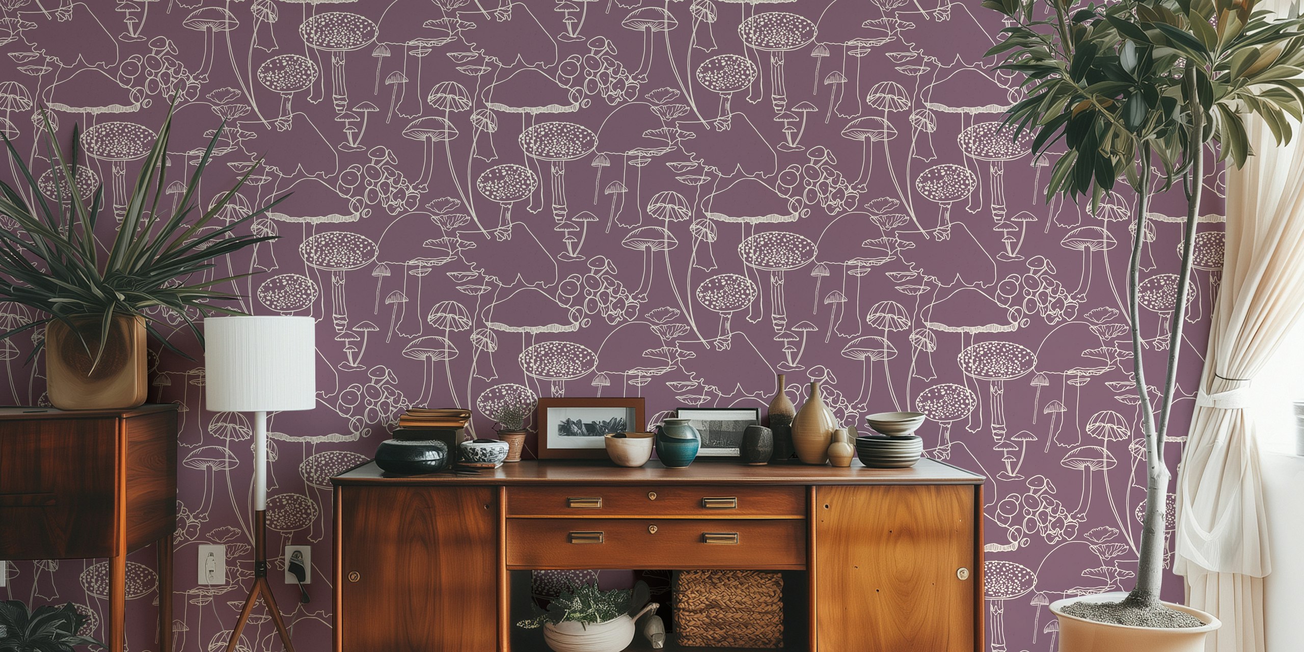 Sketchy mushroom -tapettisuunnittelu purppurassa