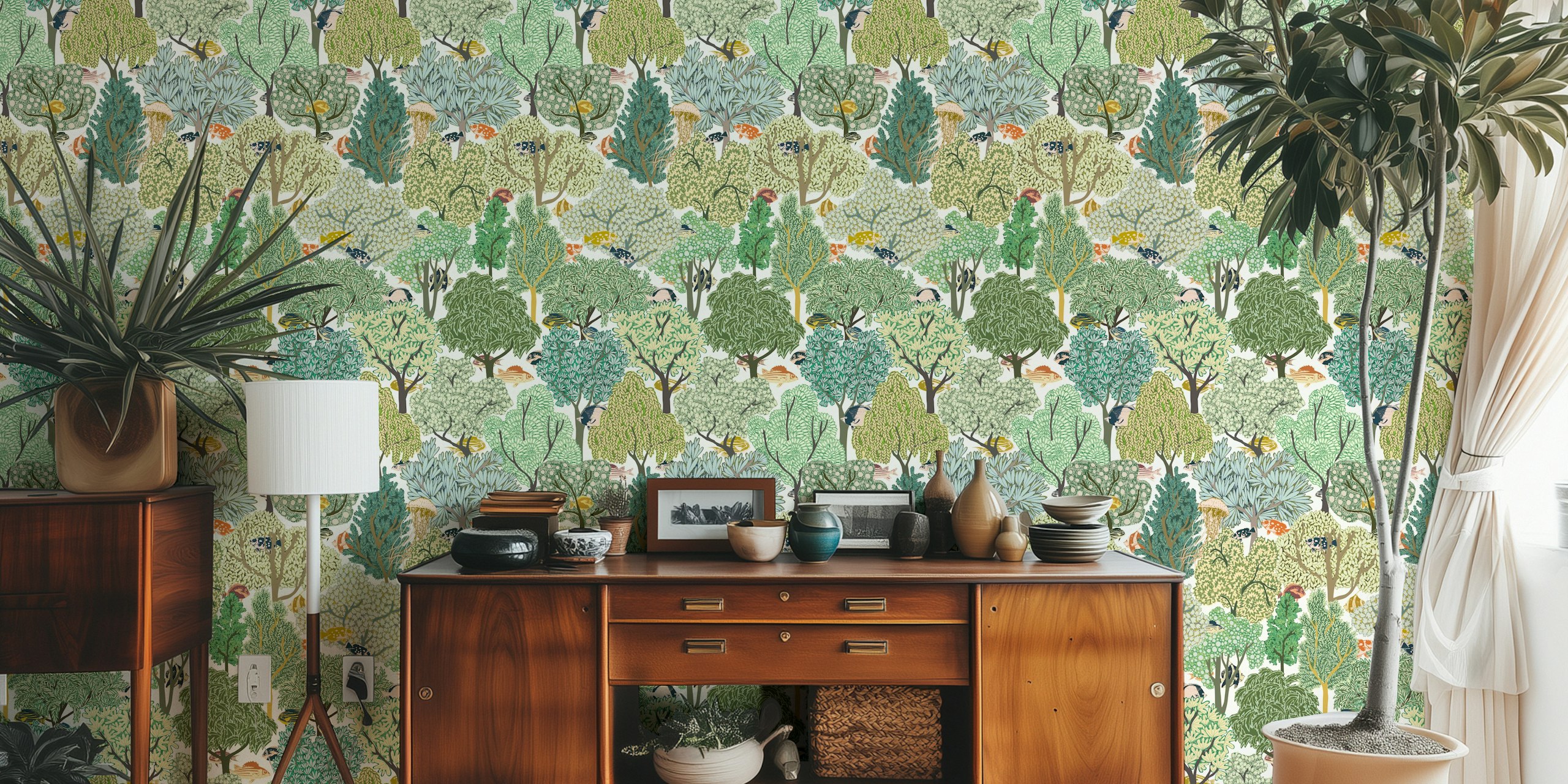 Various green trees and foliage in a patterned design wallpaper