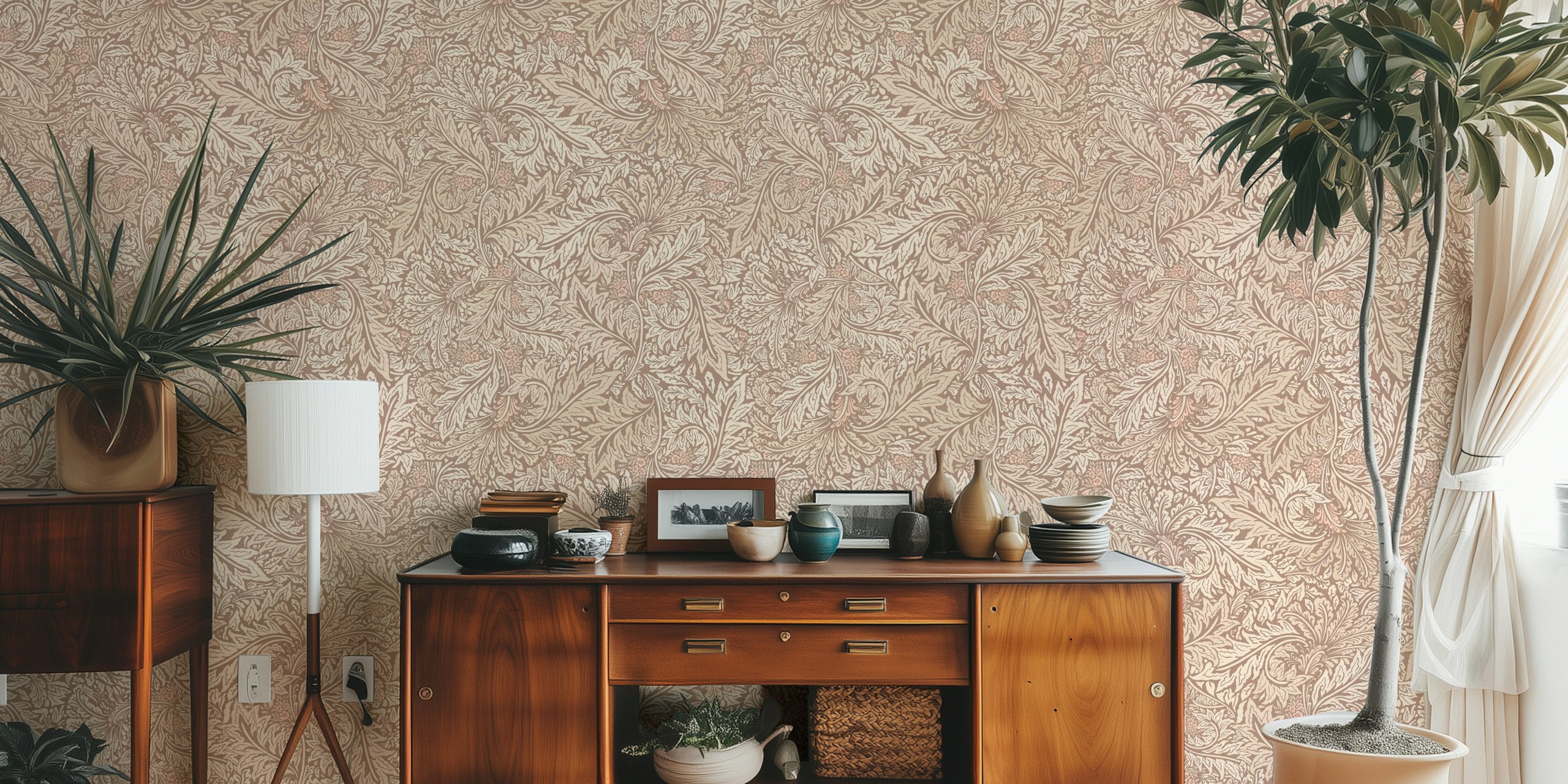 Intricate beige floral pattern with larkspur foliage wallpaper