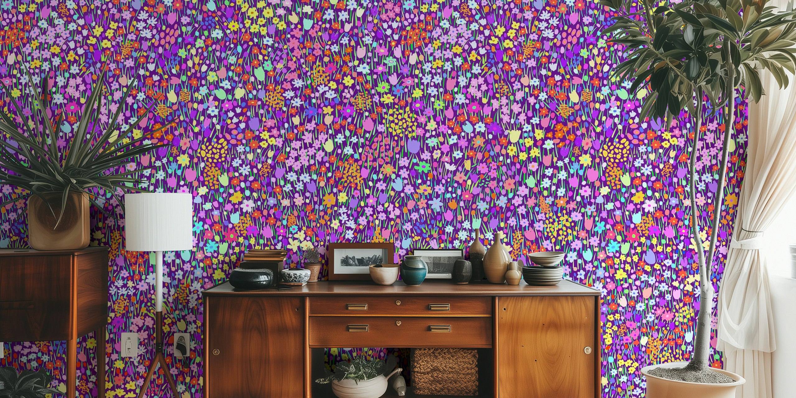 Colorful meadow wallpaper in a room