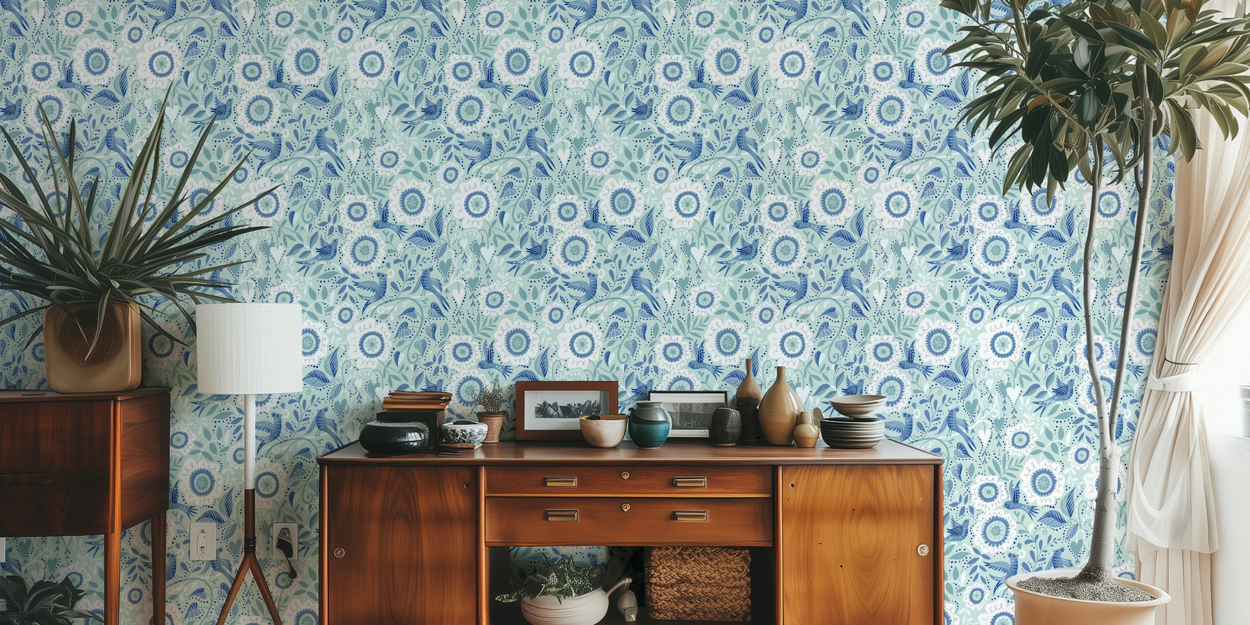 Blue birds and white flowers on mint background wallpaper