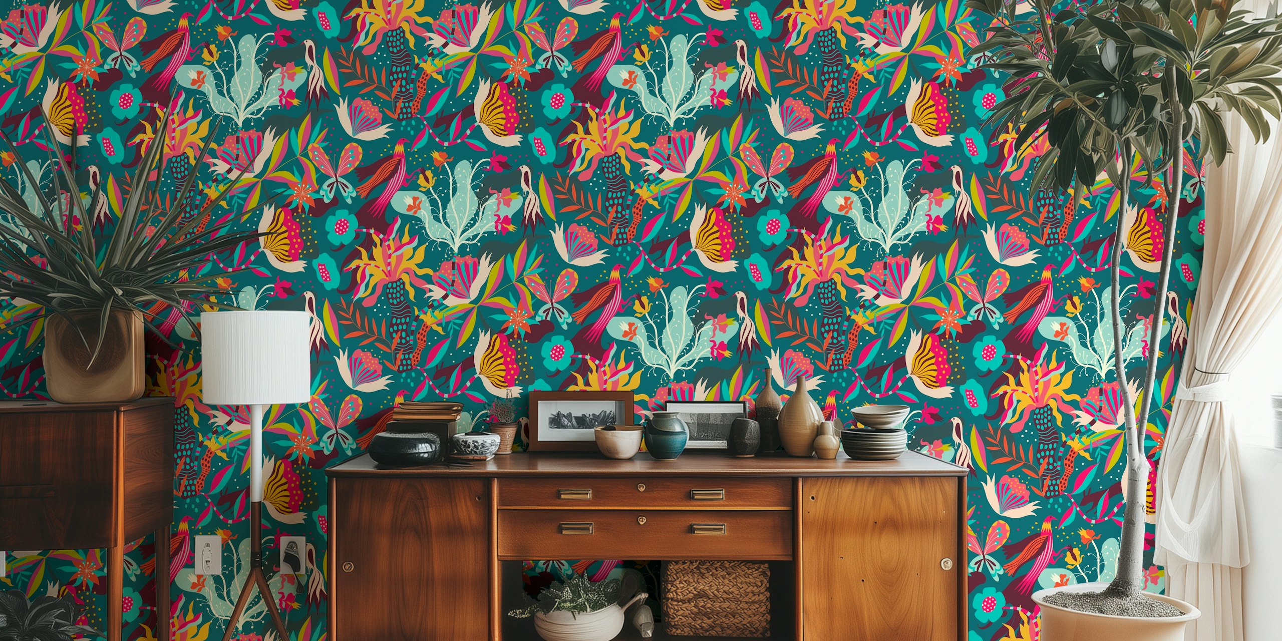 fantastic jungle teal papel de parede em um quarto
