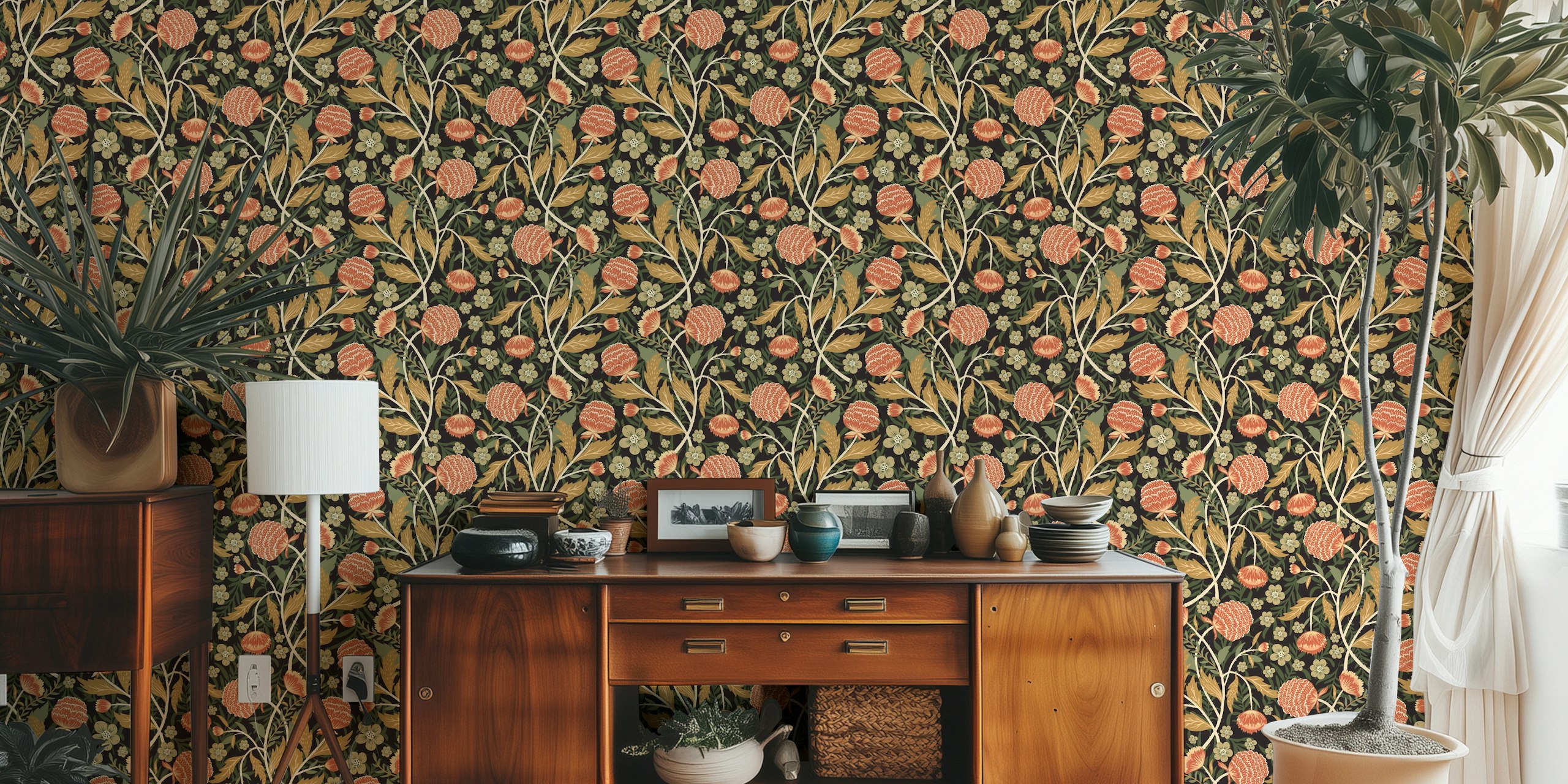 Classic William Garden floral pattern wall mural with green foliage and pink flowers.