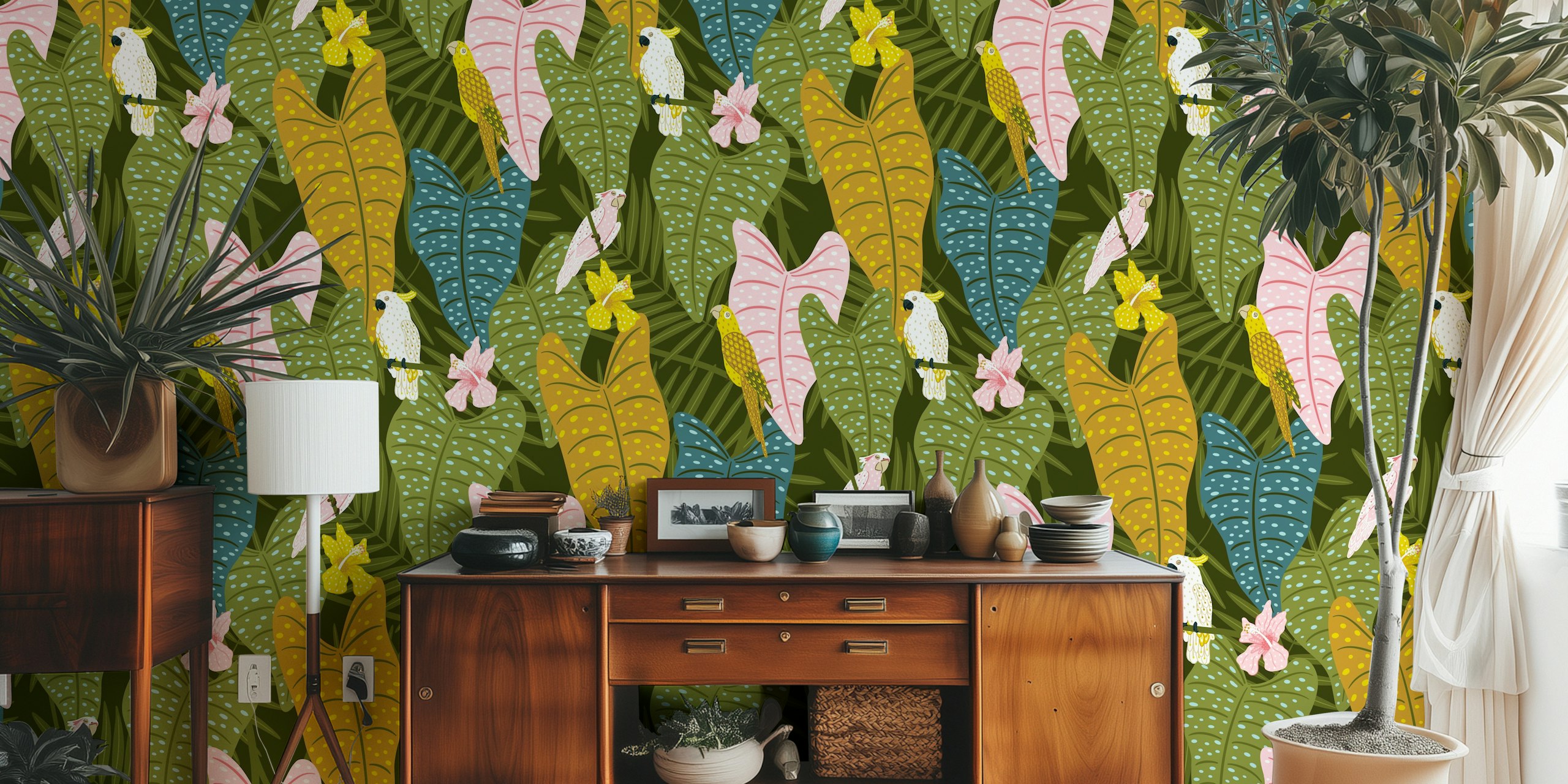 Tropical parrots wallpaper in a room setting