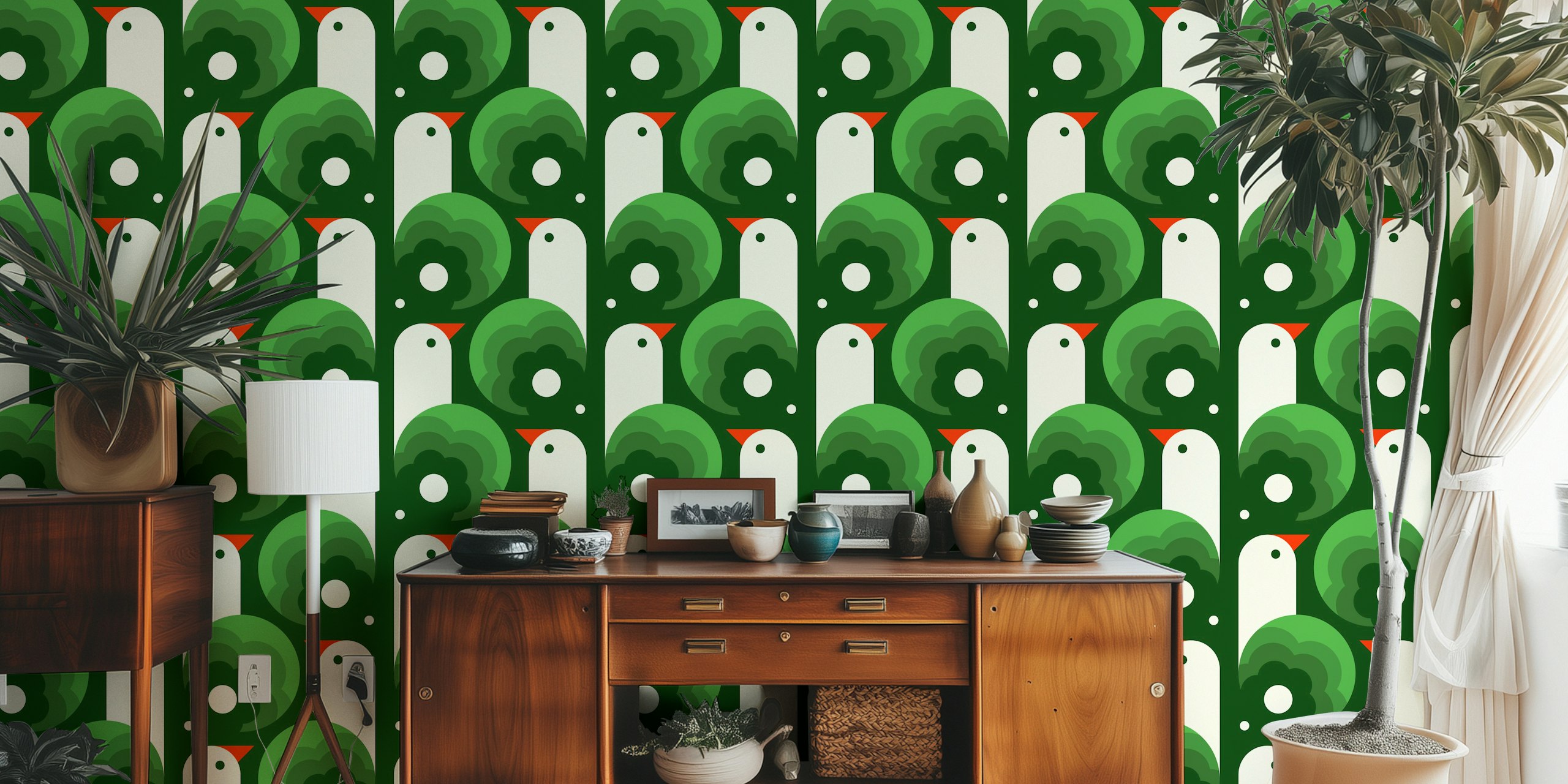 Green and white playful bird pattern wallpaper