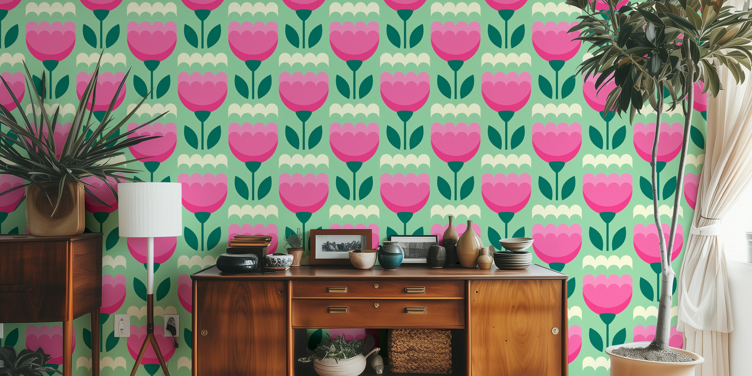 Pink abstract tulips wallpaper in a room