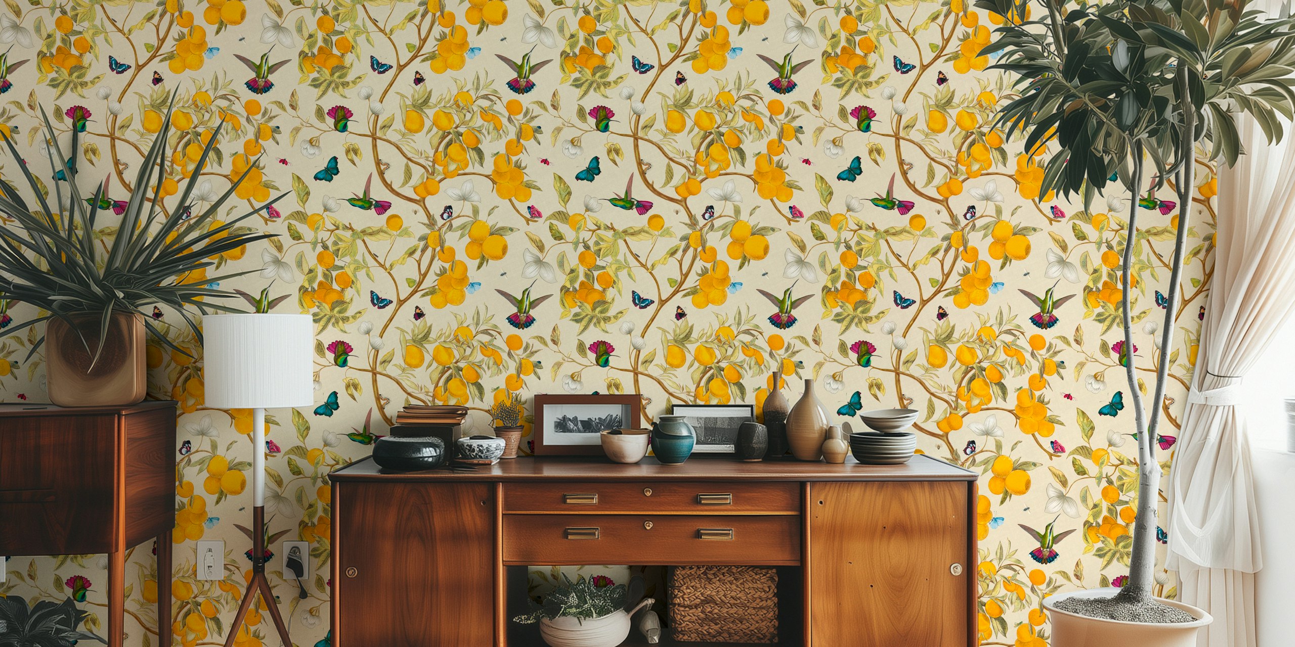 Hummingbirds and lemons wallpaper design