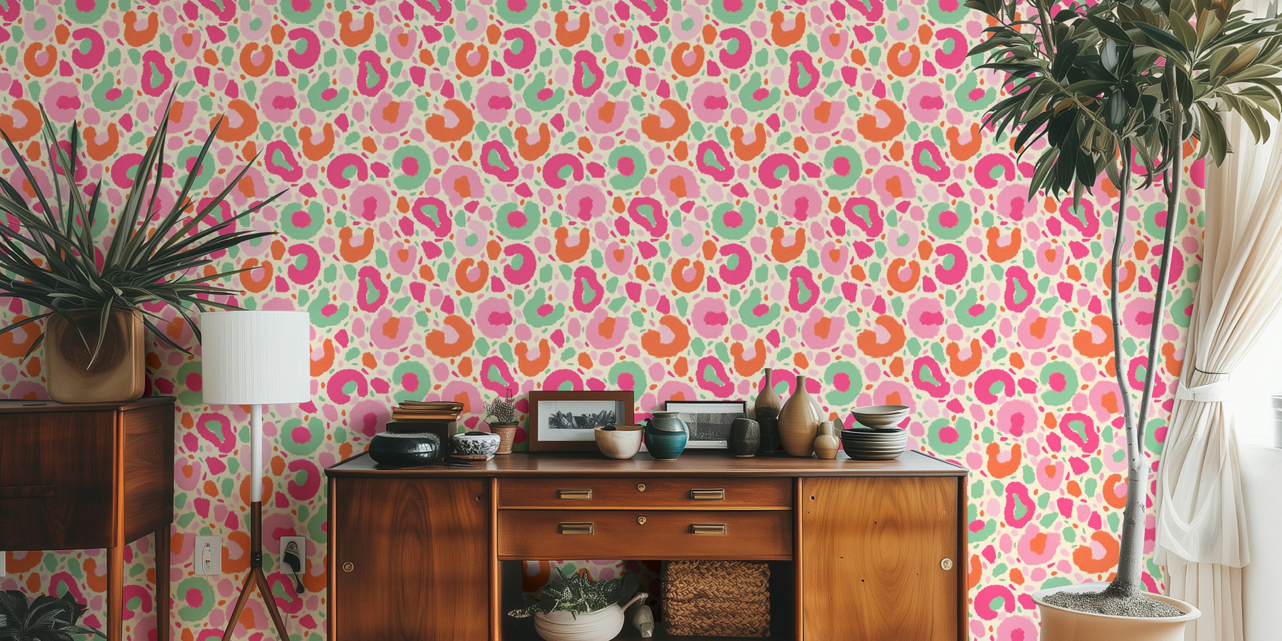 Colorful pink and green leopard print wallpaper