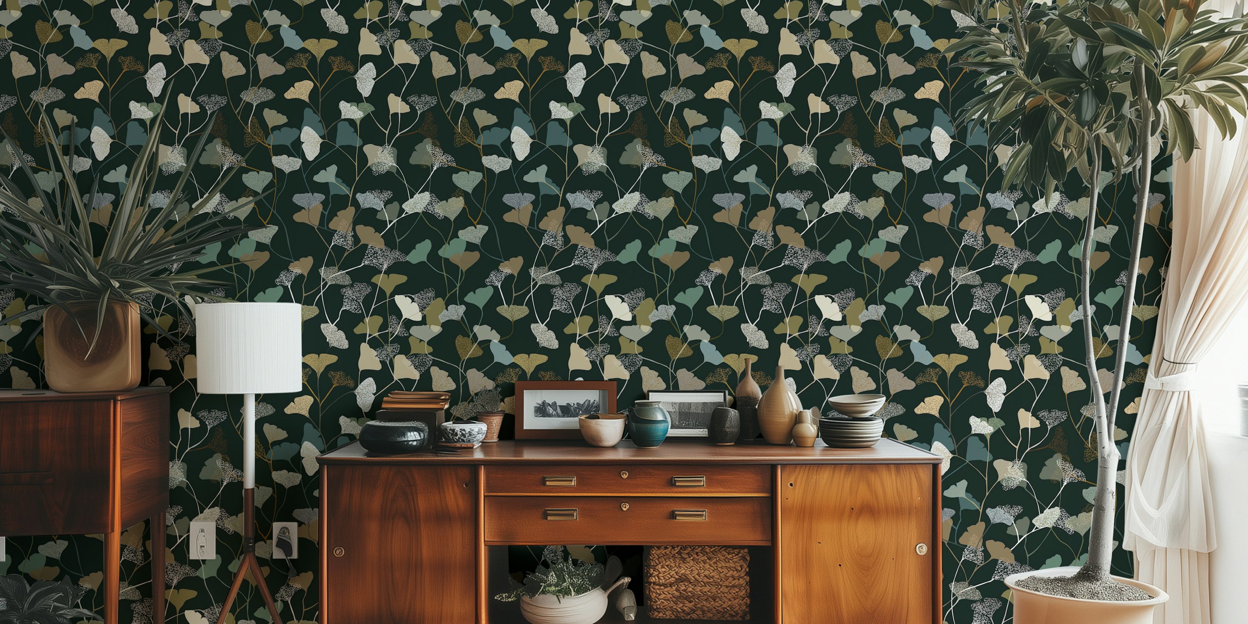 Ginkgo Leaves dark tapetti huoneessa