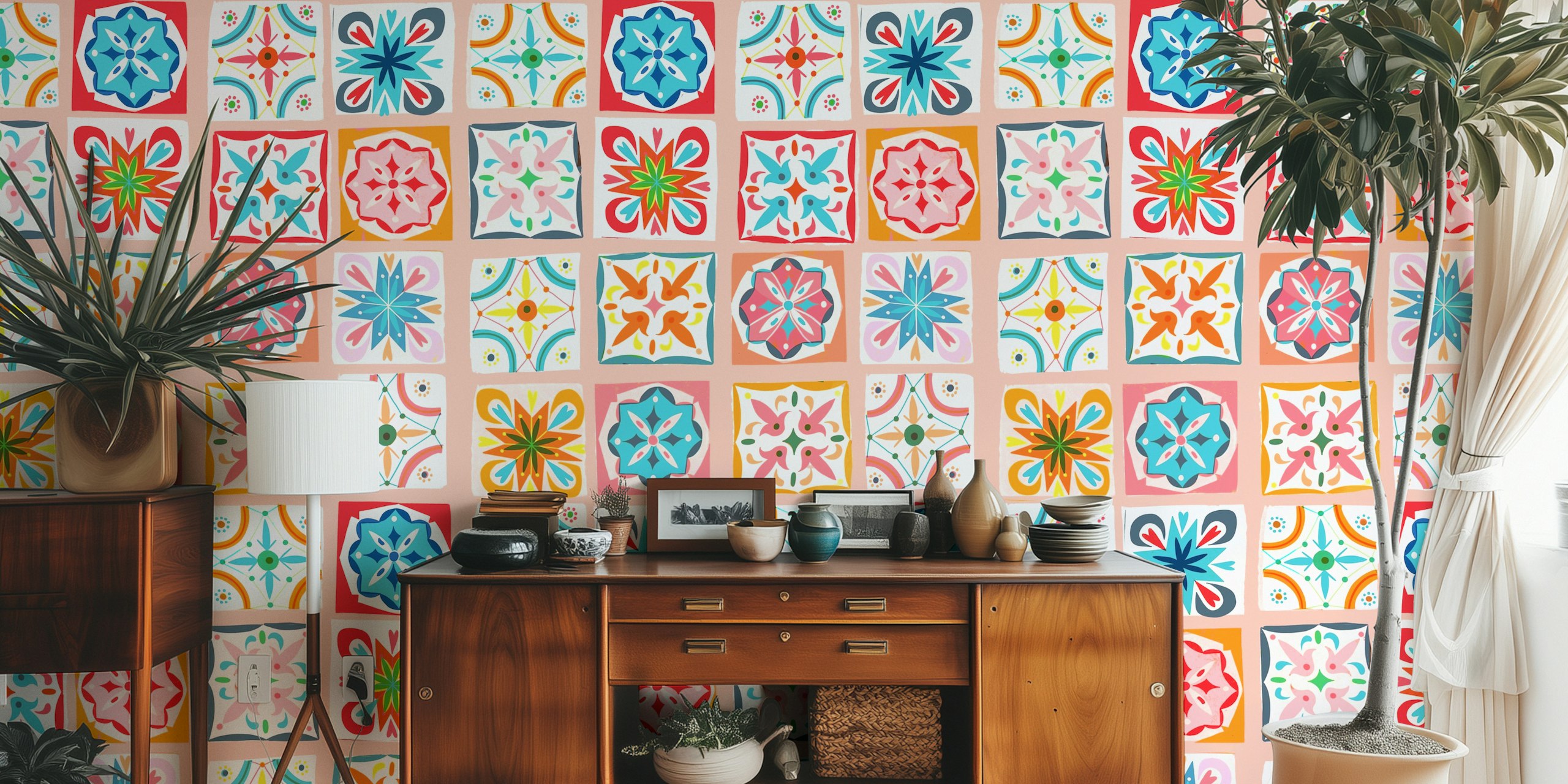 Checkers azulejos pastel rose wallpaper in a room