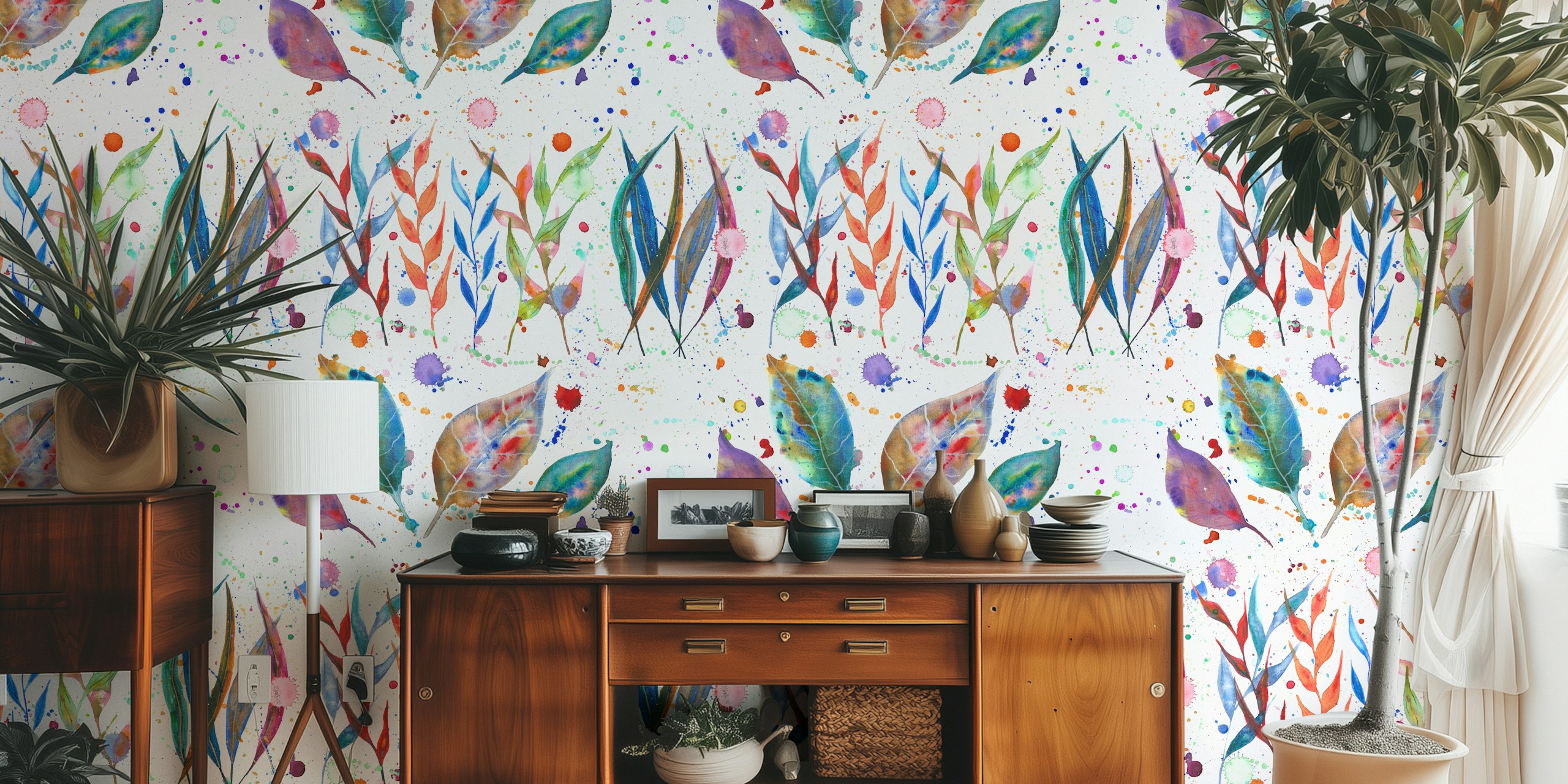 Rainbow watercolor foliage wallpaper design