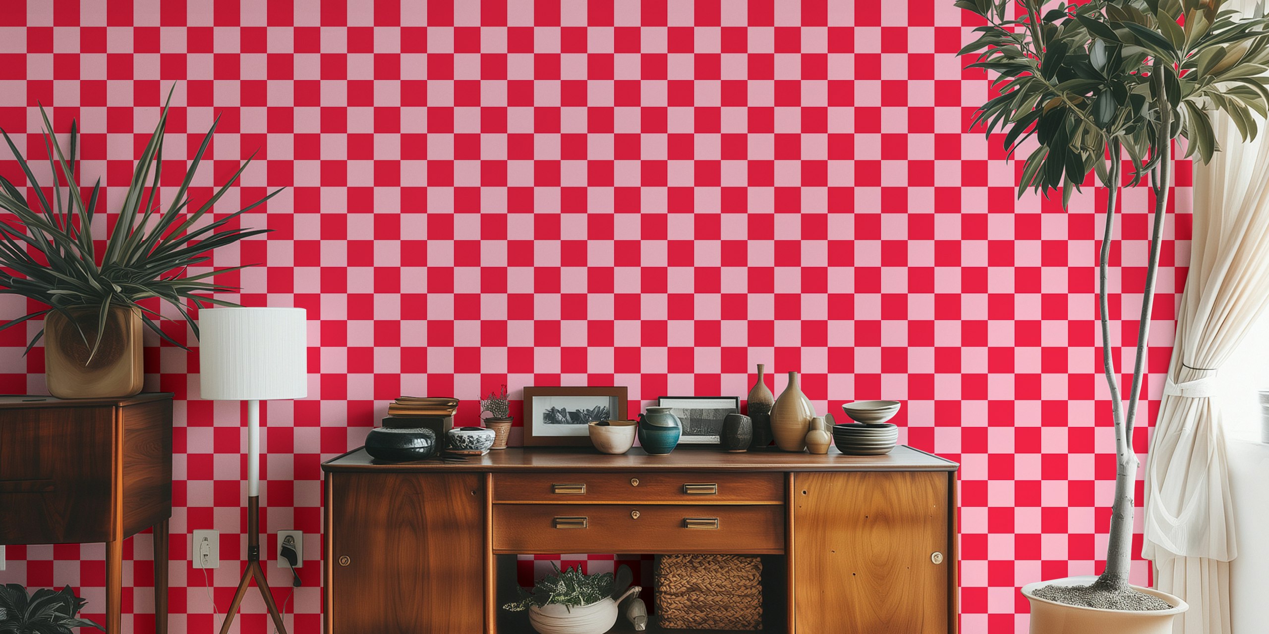 Checkerboard pink and red wallpaper in a room