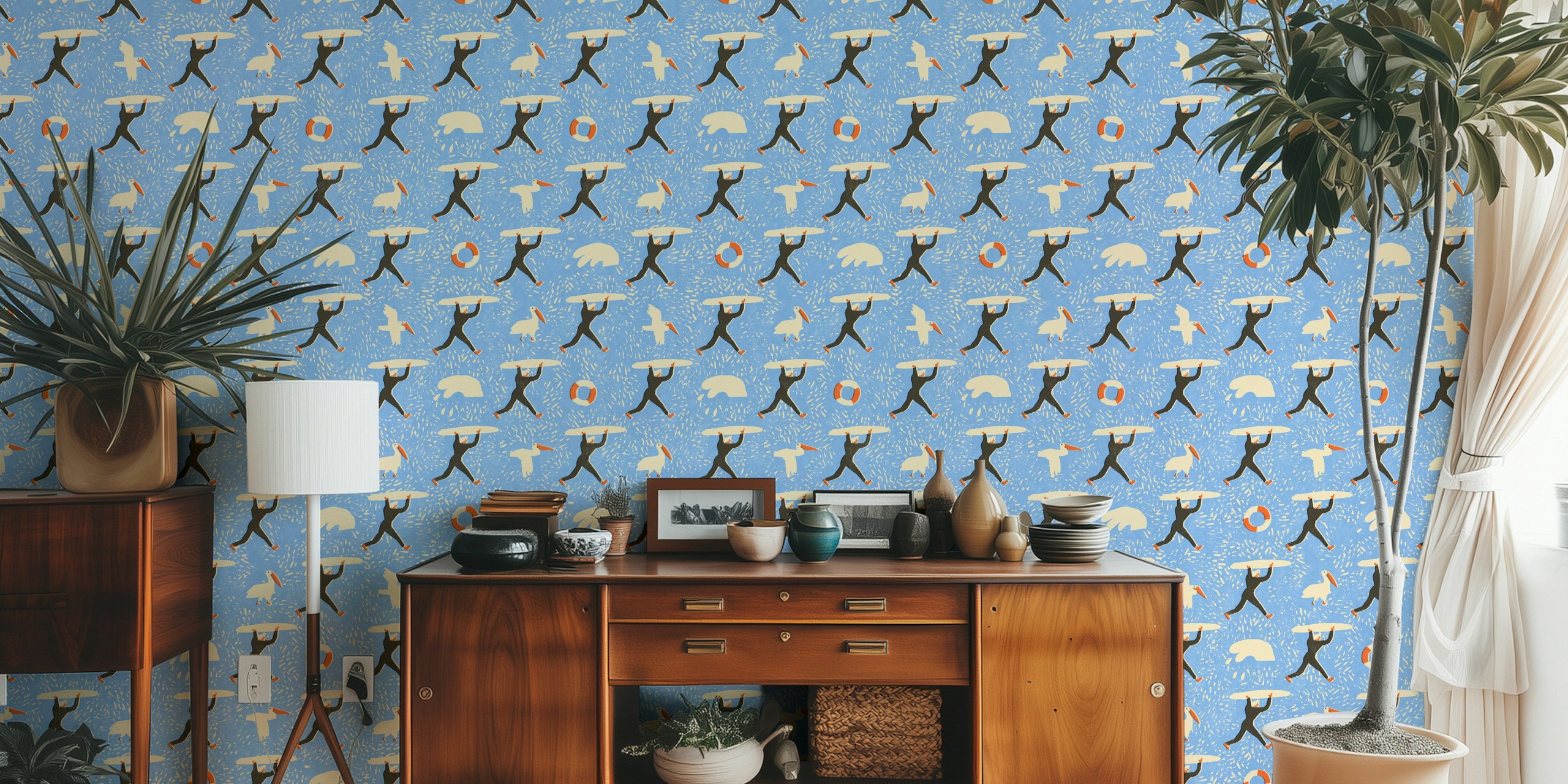 Surfers with surfboards and seagulls on blue background wallpaper