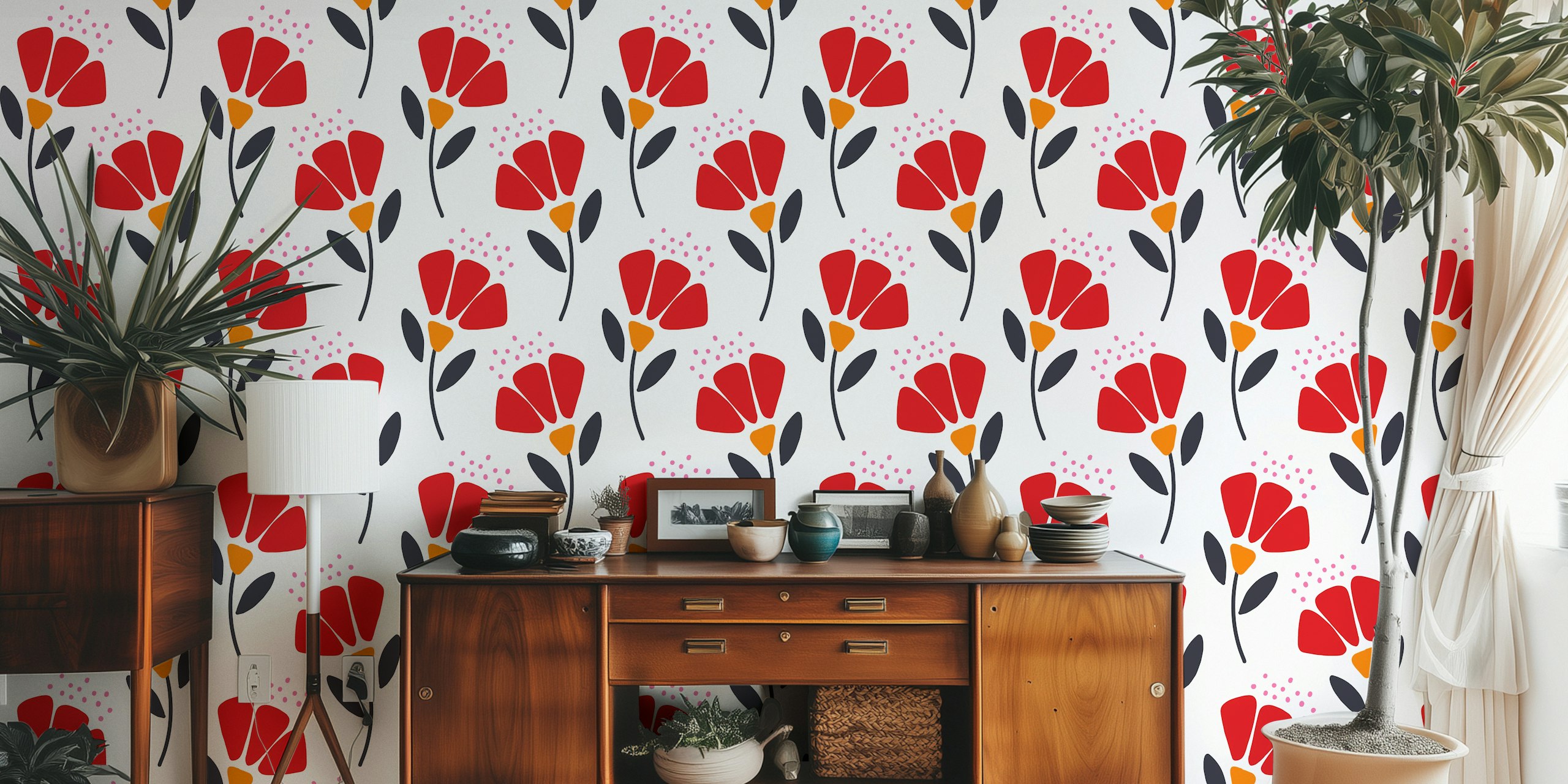 Red flowers with black leaves and pink dots wallpaper