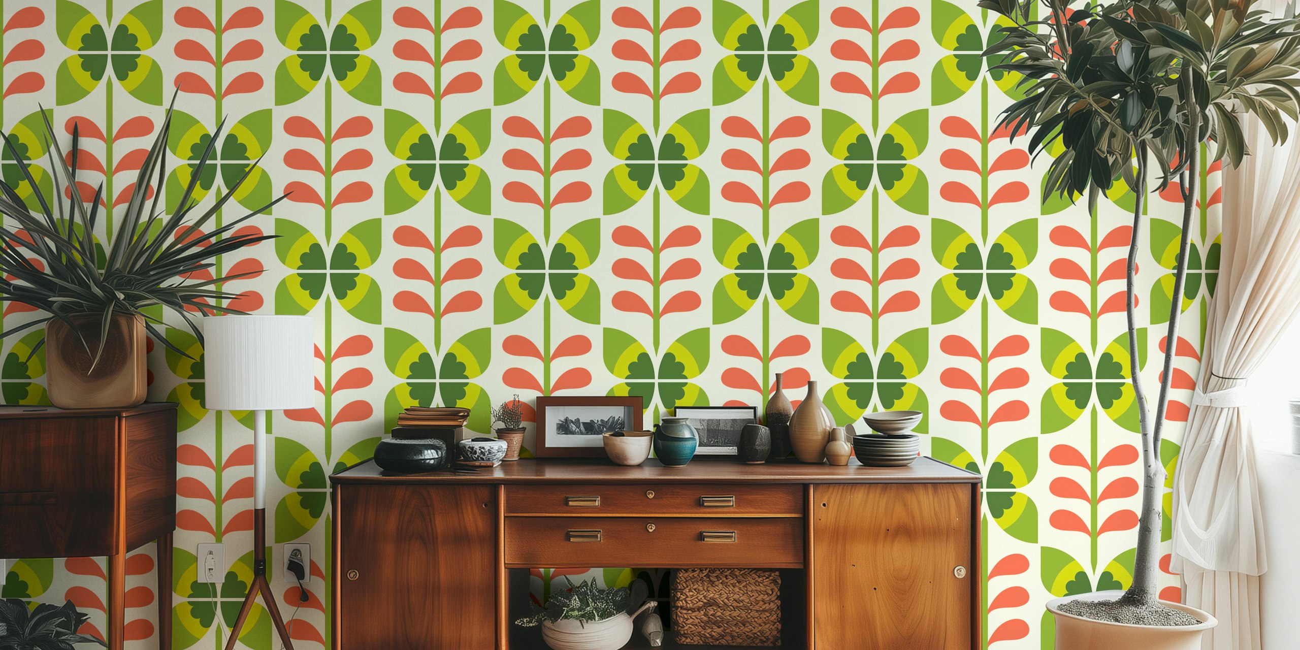 Retro butterflies flowers behang in een kamer