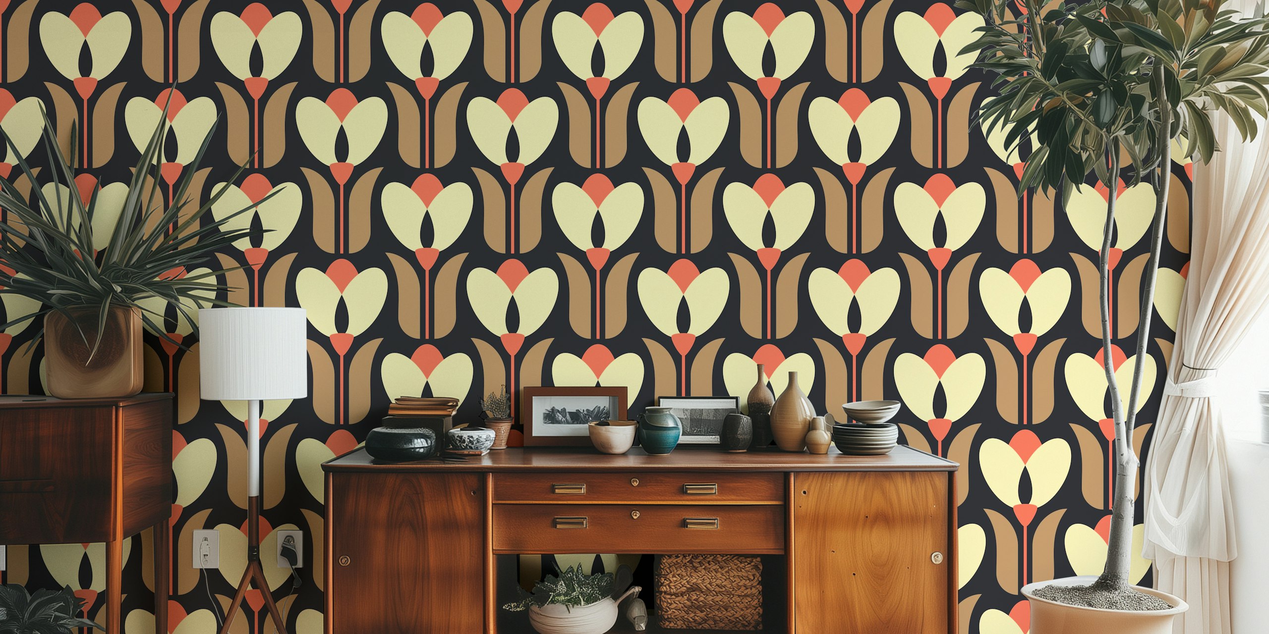 Stylized tulips in brown, pink, and cream on black background wallpaper
