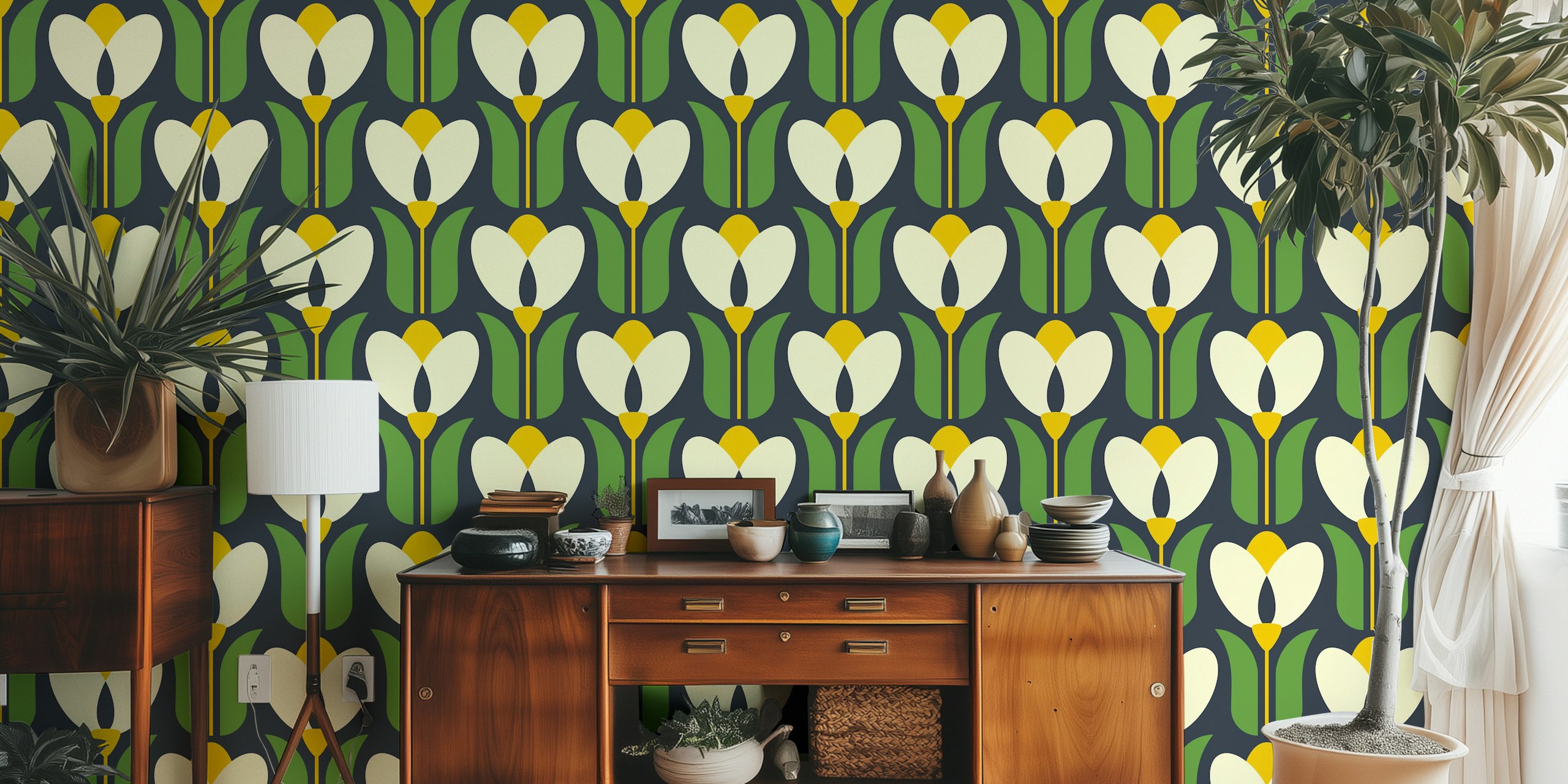 Ταπετσαρία Retro tulips σε ένα στυλάτο εσωτερικό