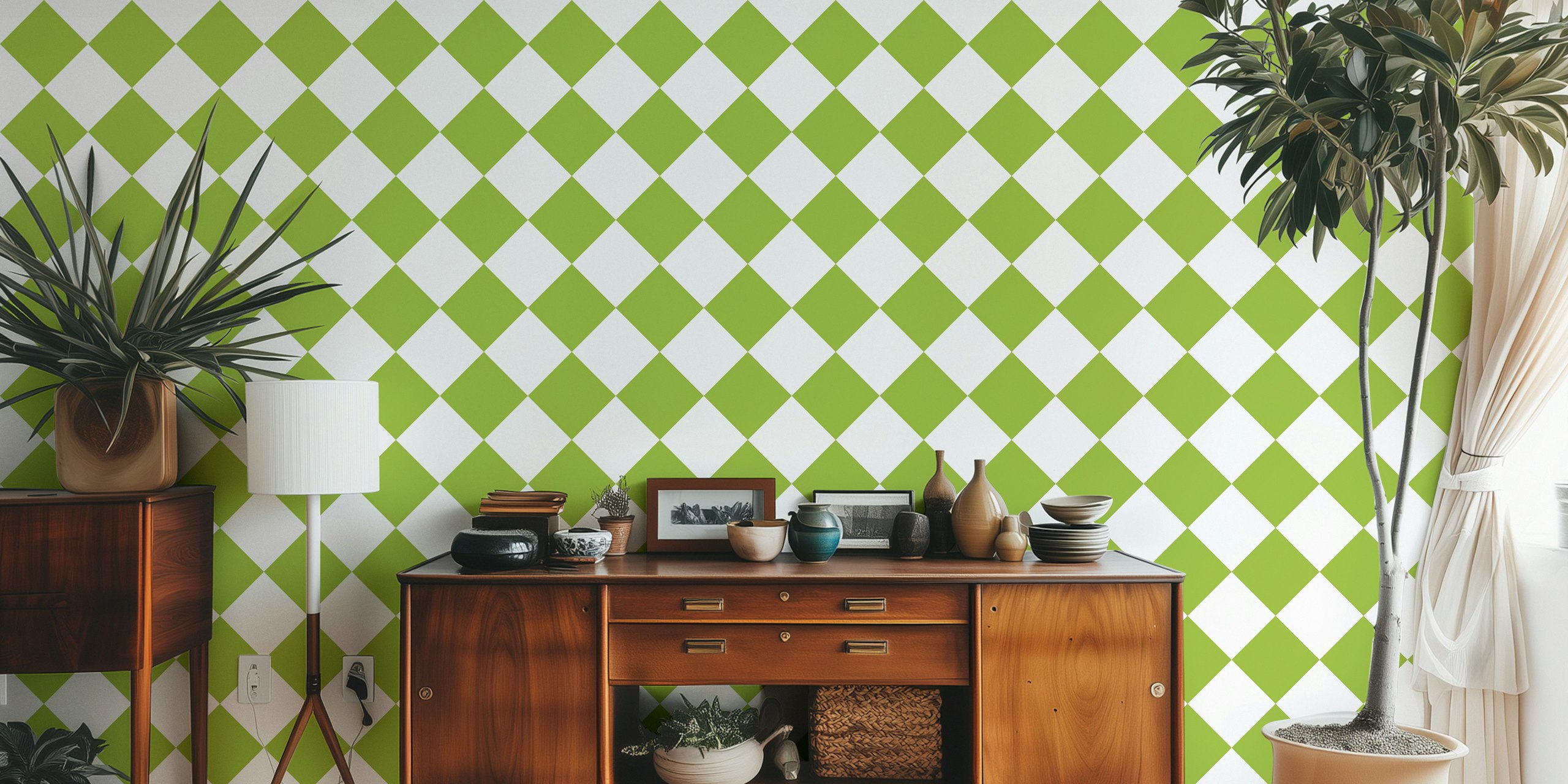 Diagonal checkerboard pattern in warm green and white wallpaper