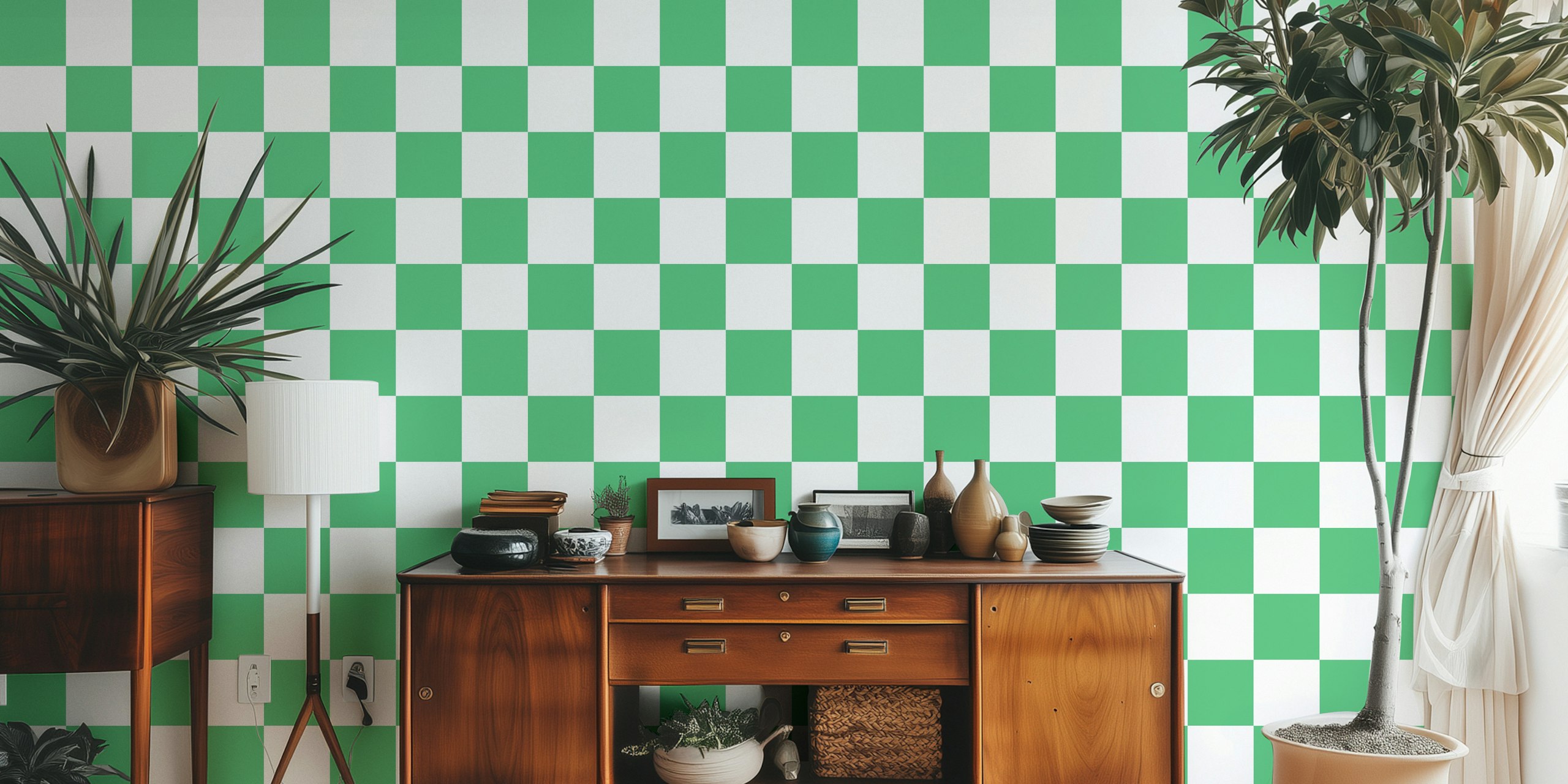 Large checkerboard pattern wall mural in mint green and white