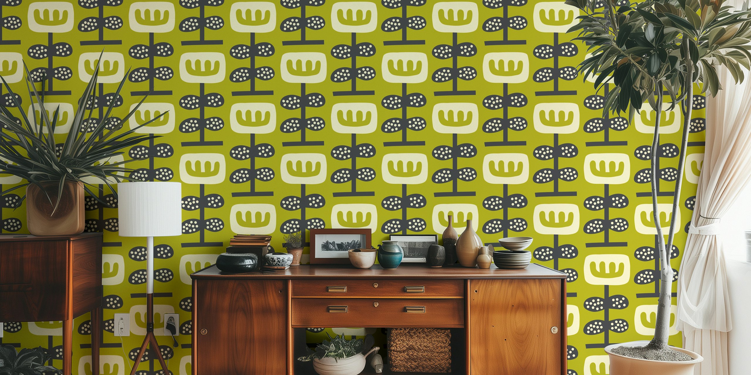 Sage green floral design with abstract shapes and dots wallpaper
