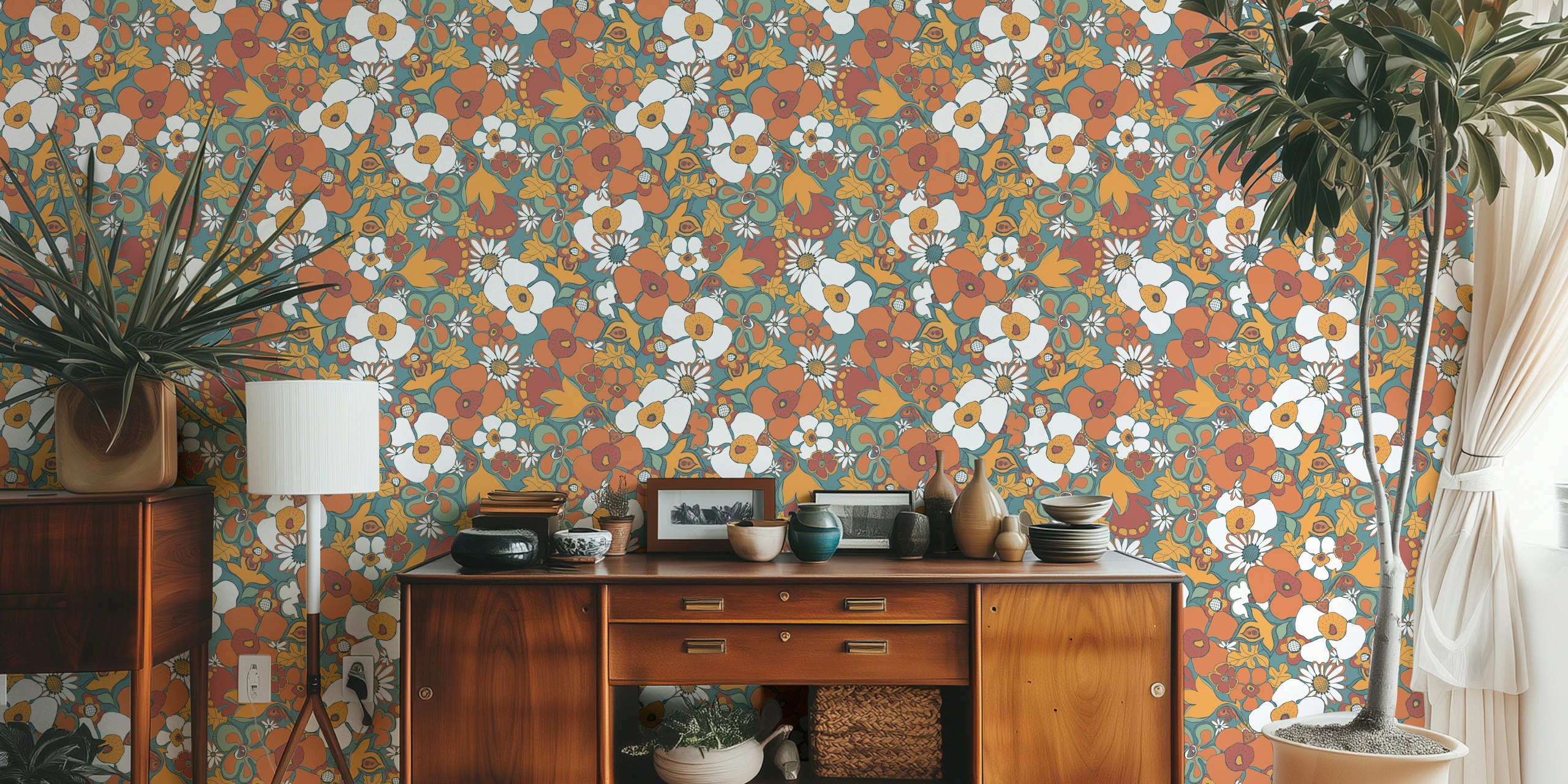 Floral Doodles Pattern in Teal Rust tapetti huoneessa