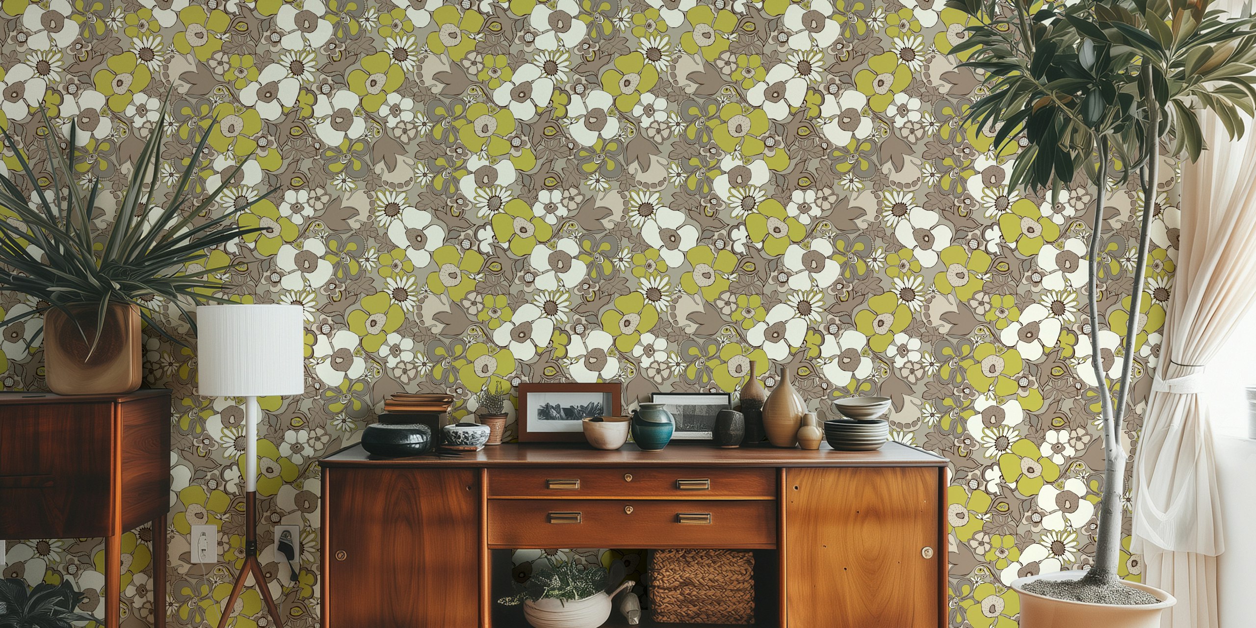 Beige floral wallpaper with brown and green doodles