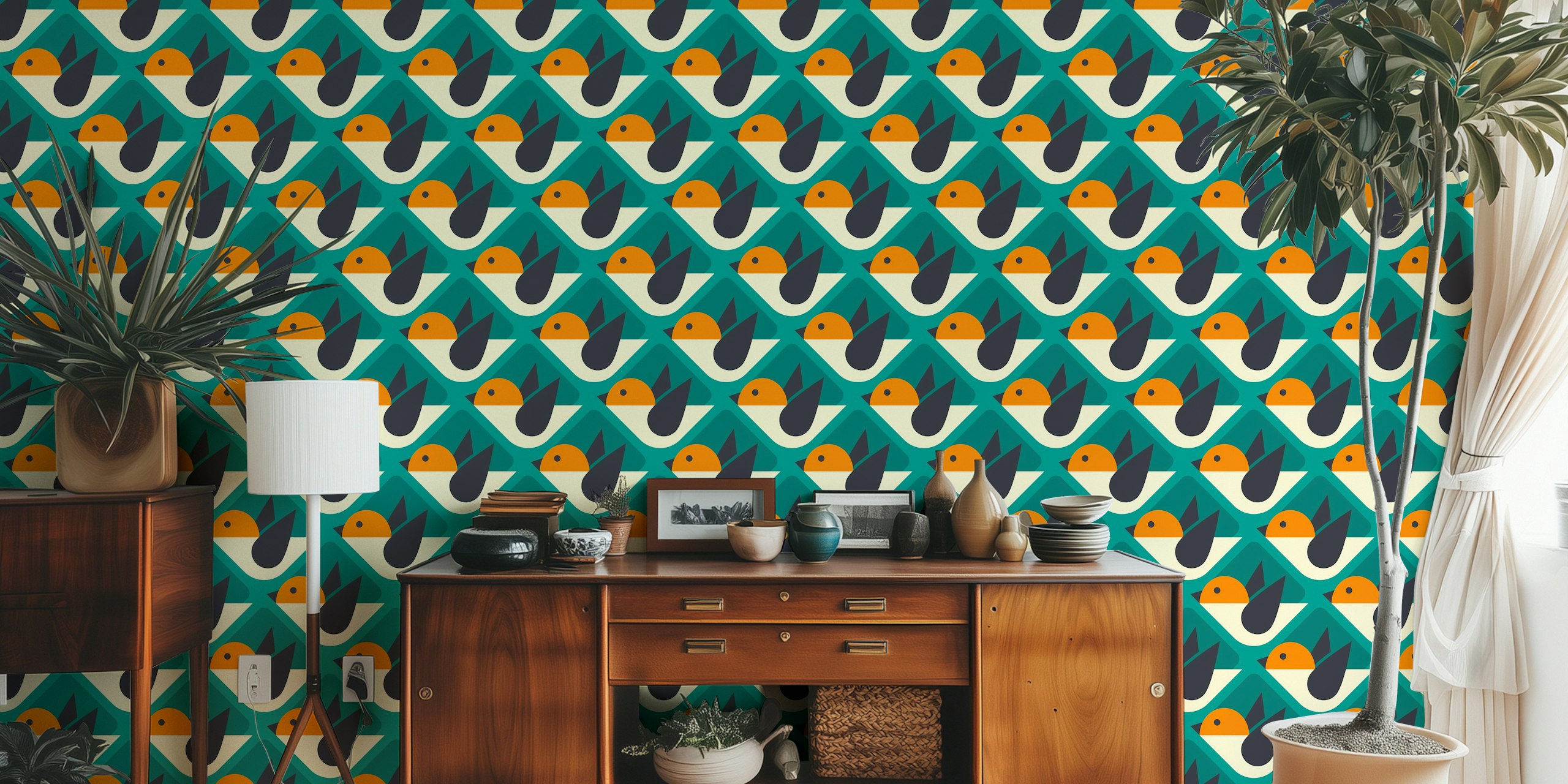 Vintage-style wall mural of stylized birds in teal and orange geometric pattern