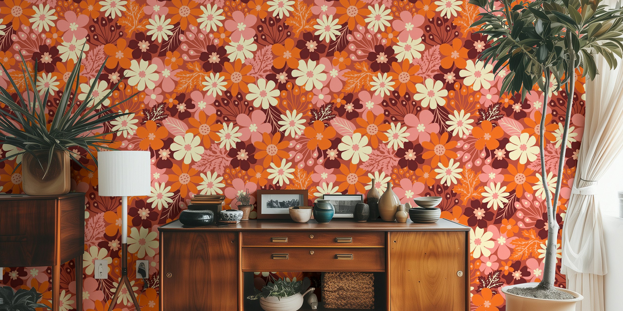 Colorful retro floral design in orange, pink, and cream wallpaper
