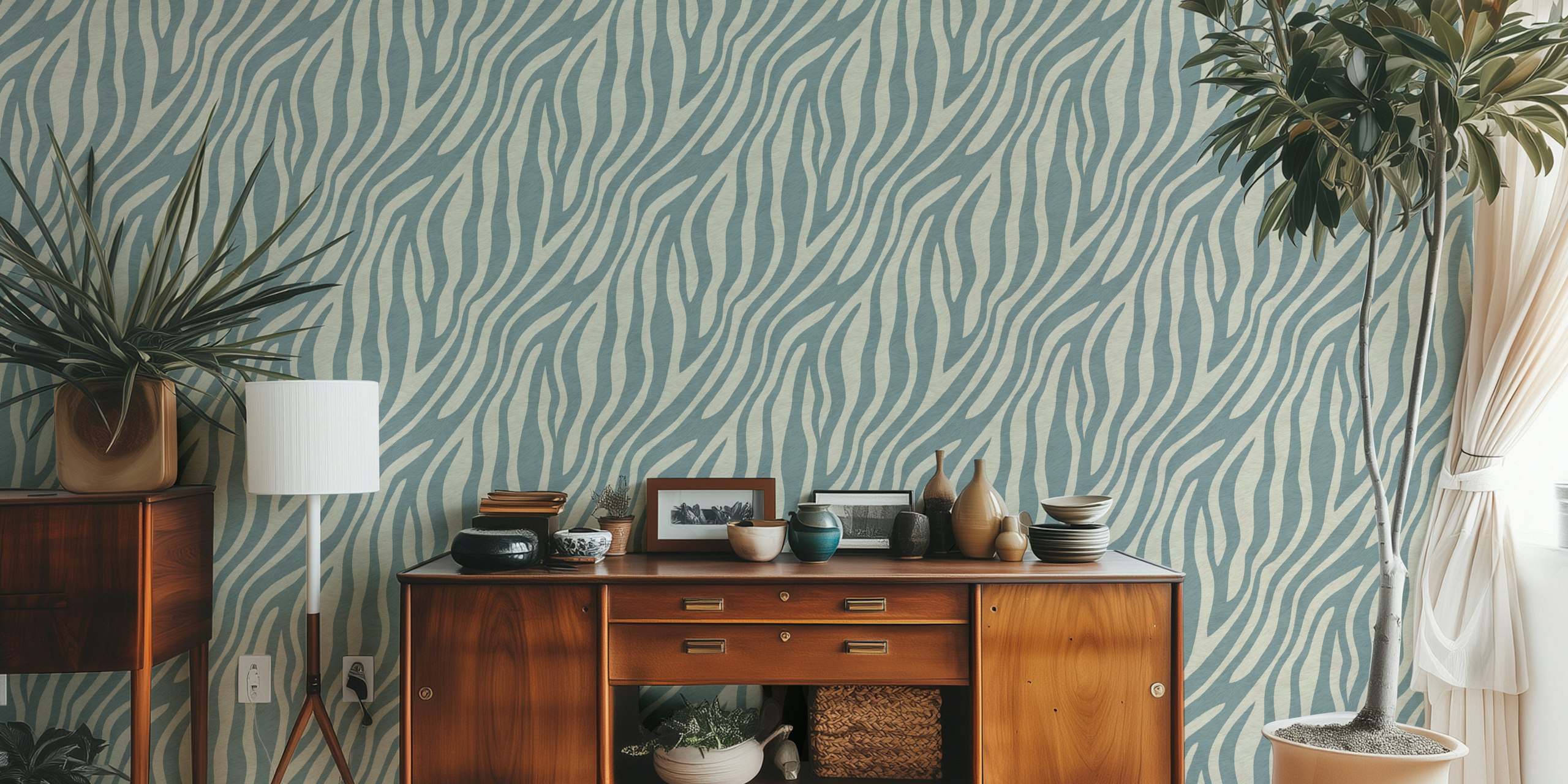 Mural de pared de rayas de cebra azul y beige para un diseño de interiores contemporáneo