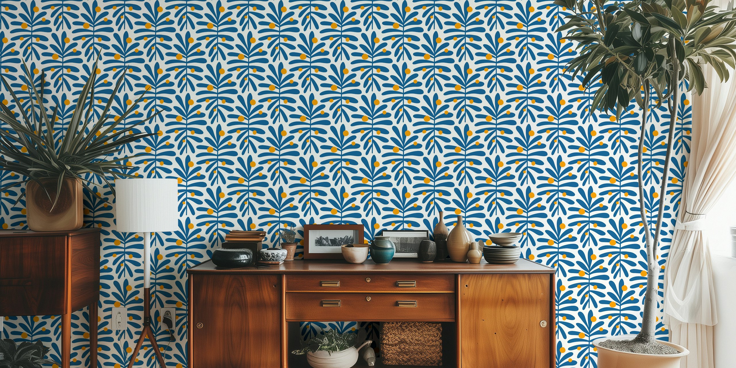 Abstract blue and yellow leaves wallpaper design