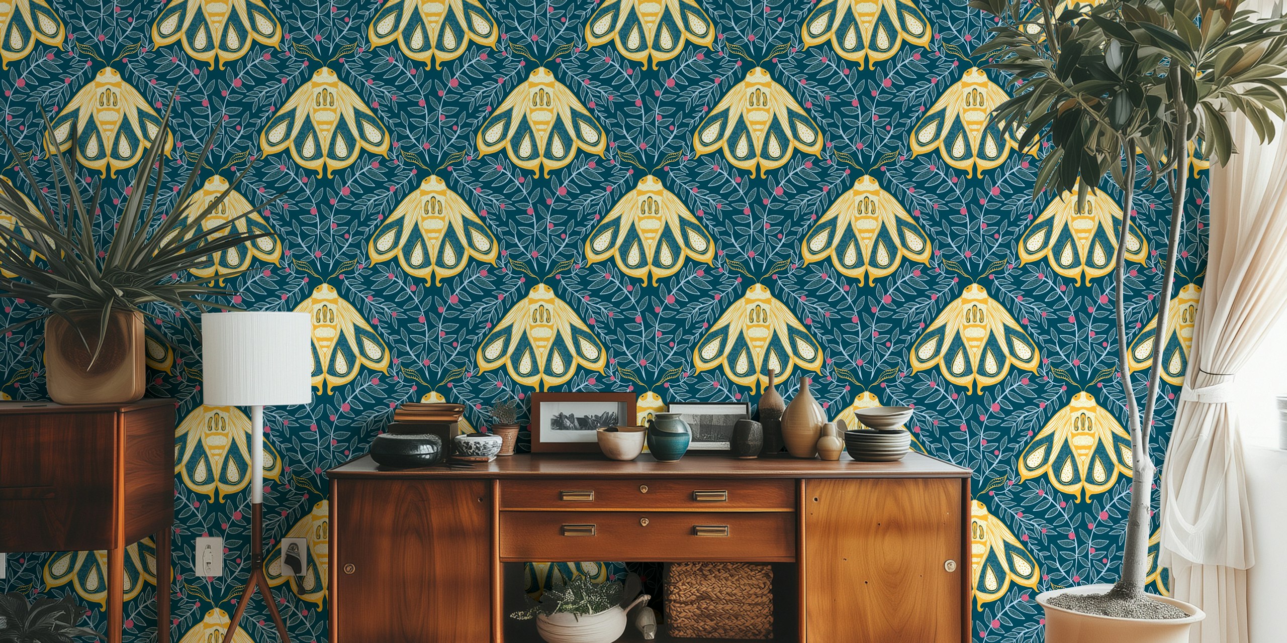 Golden moths wallpaper design in a room