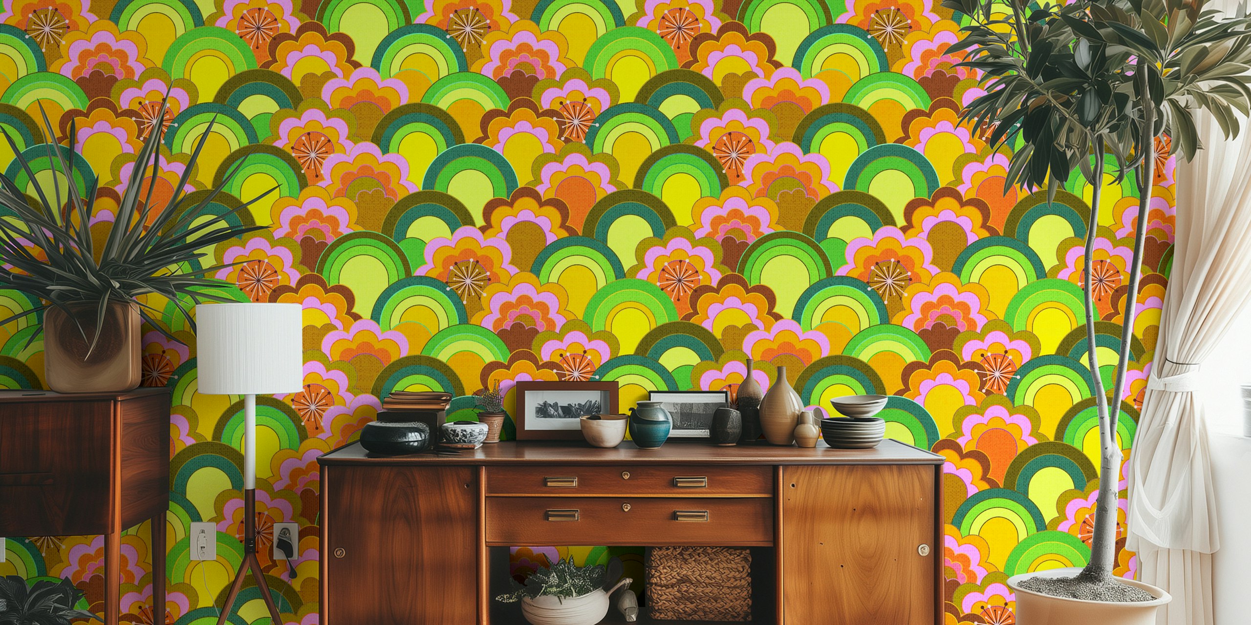 Colorful 70s-inspired rainbow flowers wall mural with a textured appearance