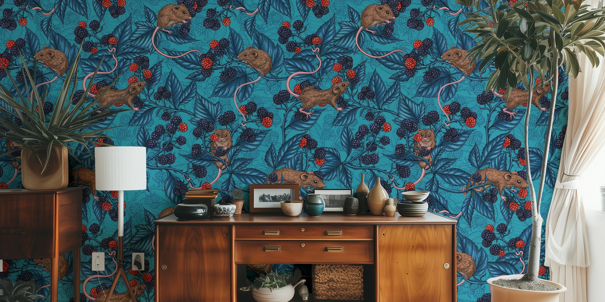 Mice and blackberries on turquoise background wallpaper
