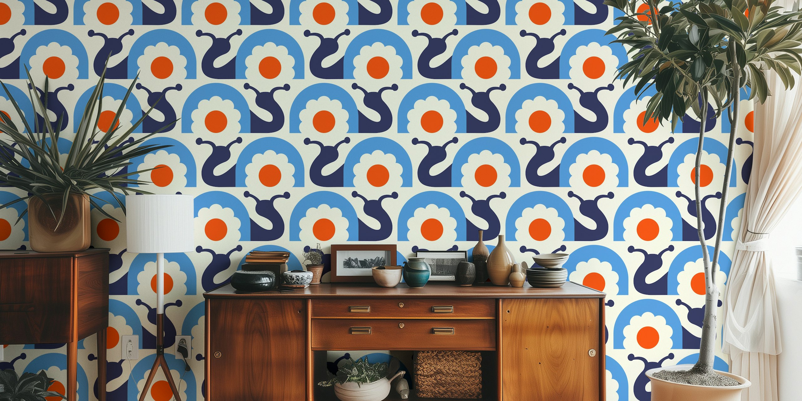 Retro snails with flowers papel de parede em um quarto