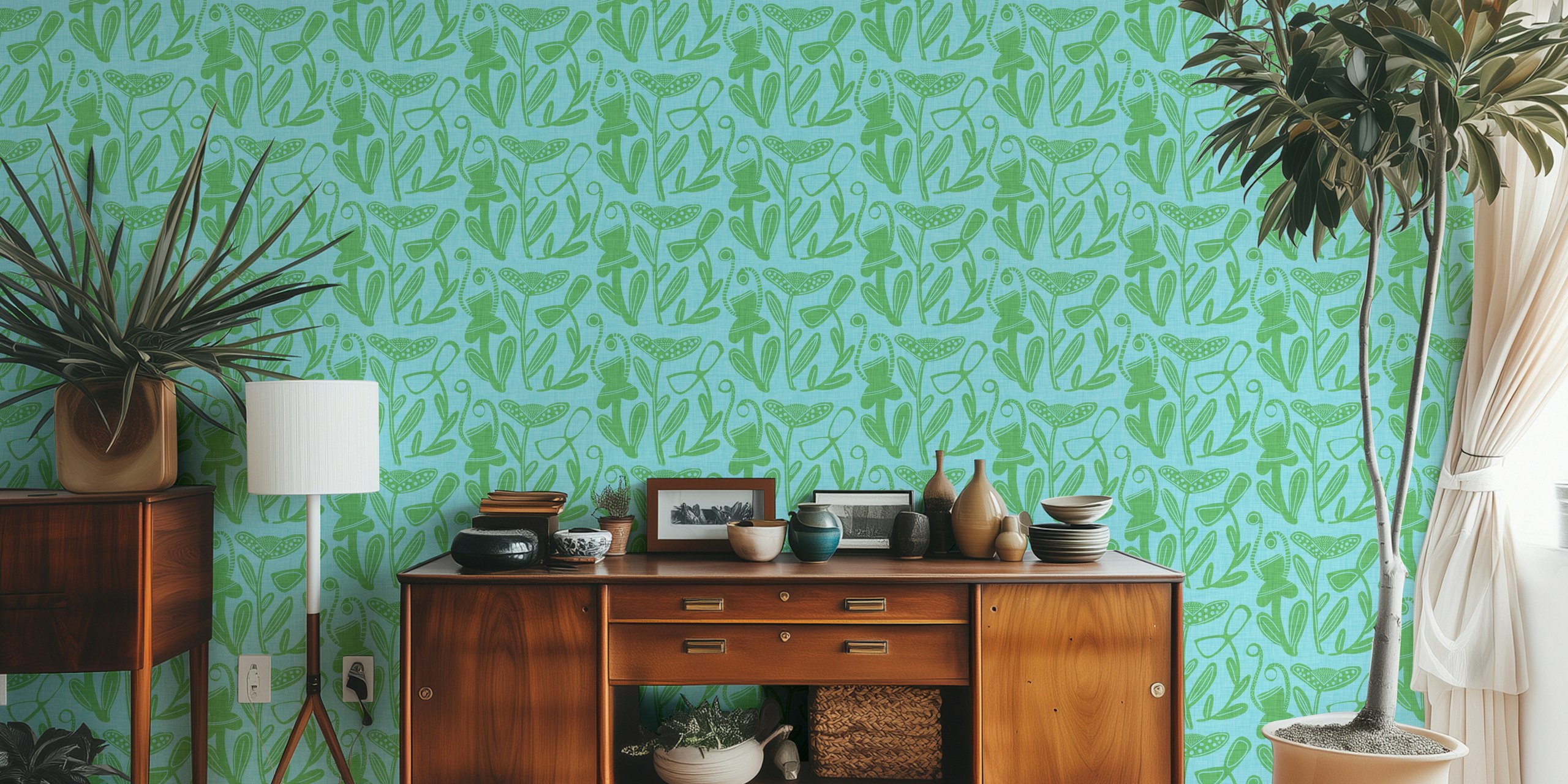 Light blue and green floral bohemian-style wall mural