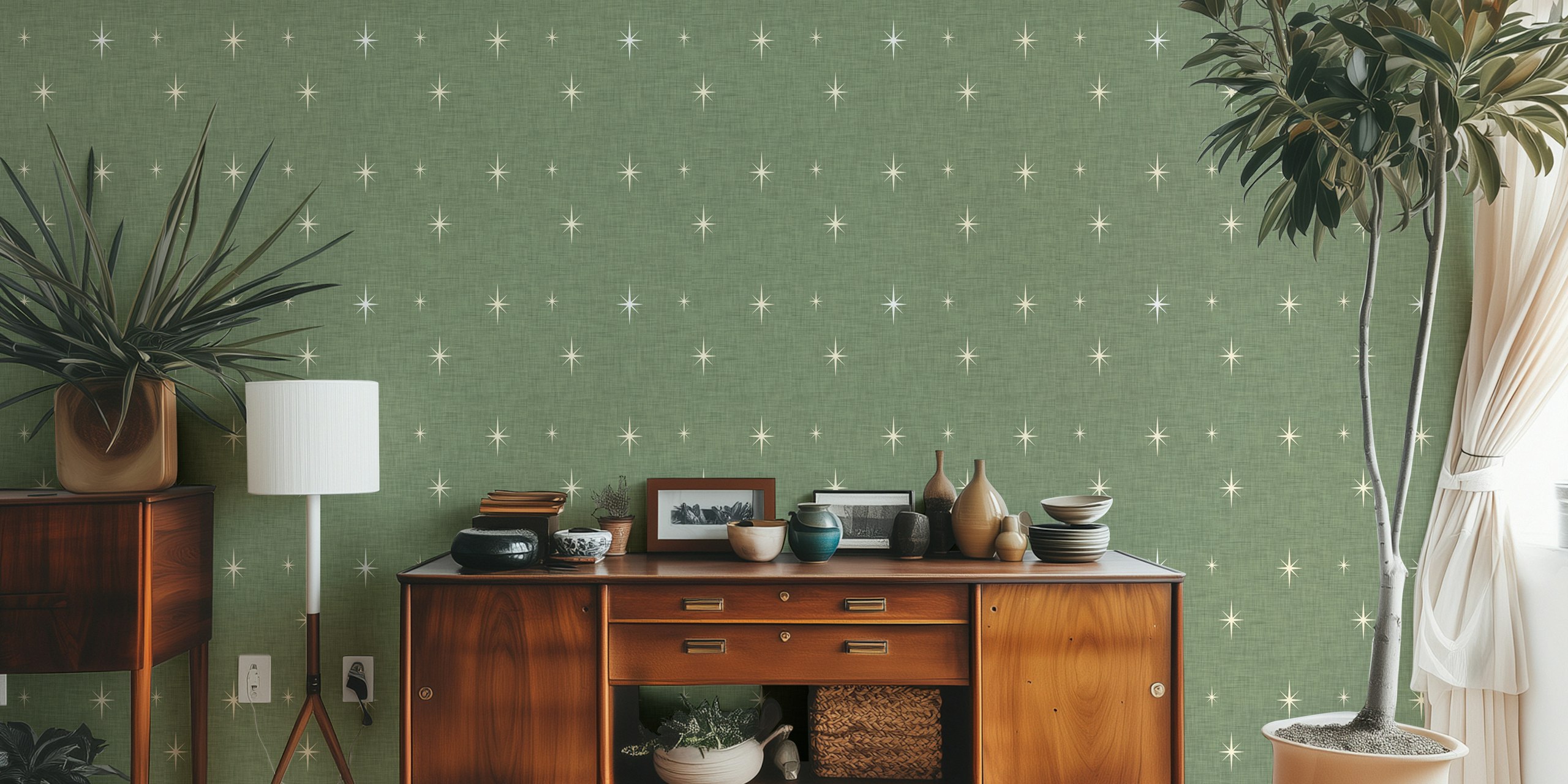 Mid Century Starburst Dark Sage wallpaper, light stars on green fabric
