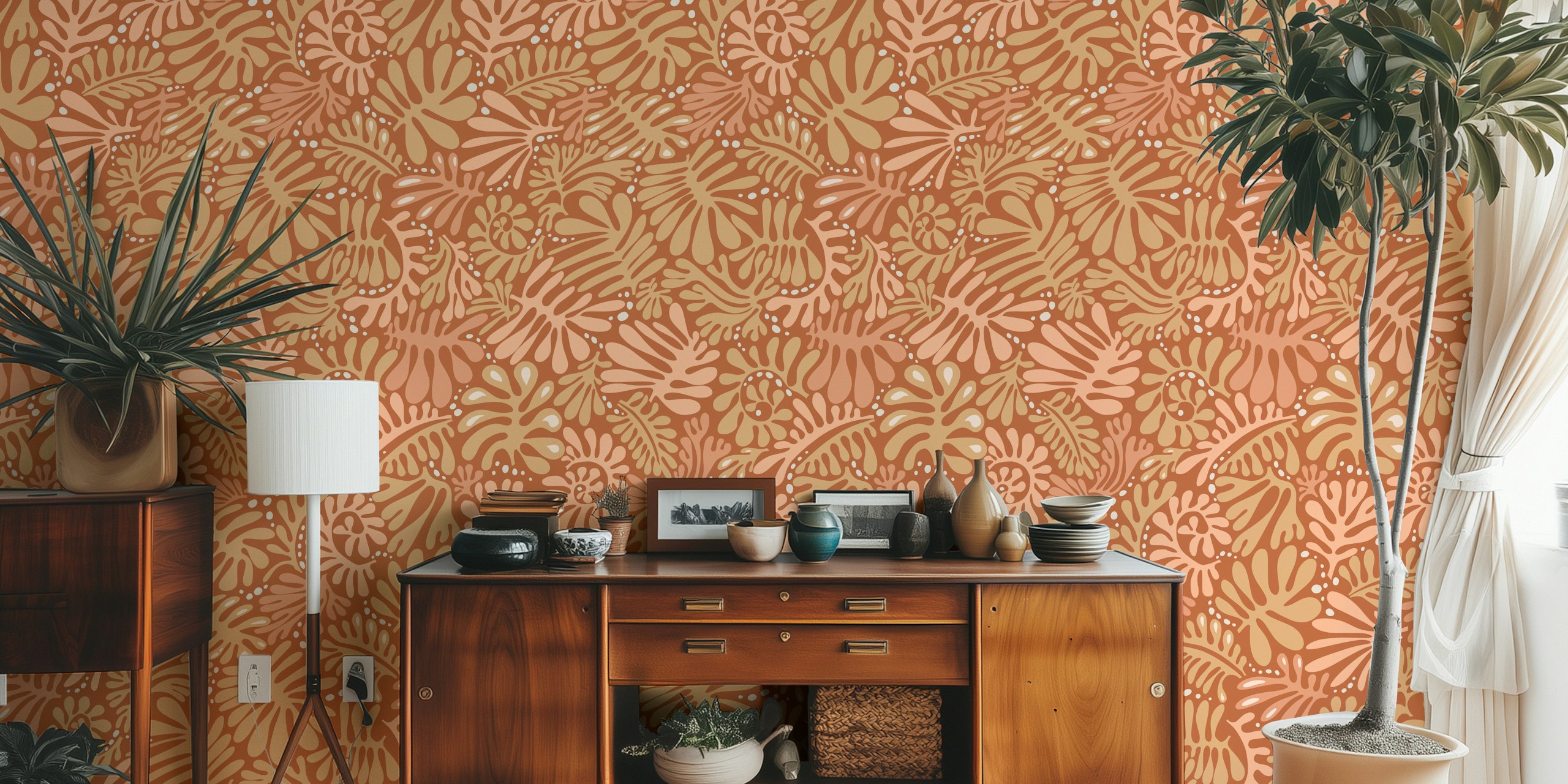 Colorful floral pattern in rusty terracotta tones wallpaper