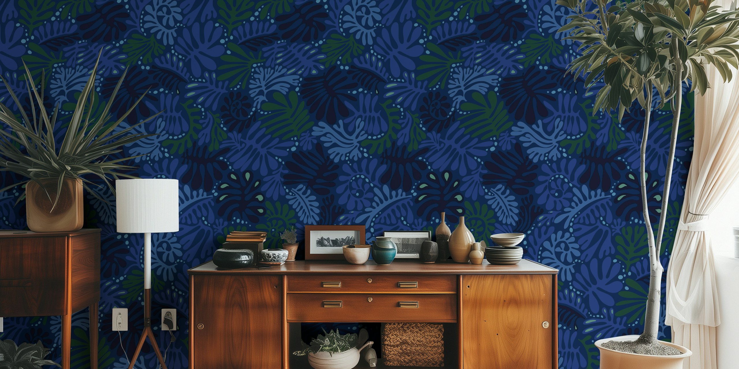 Intricate dark blue leaf pattern wallpaper