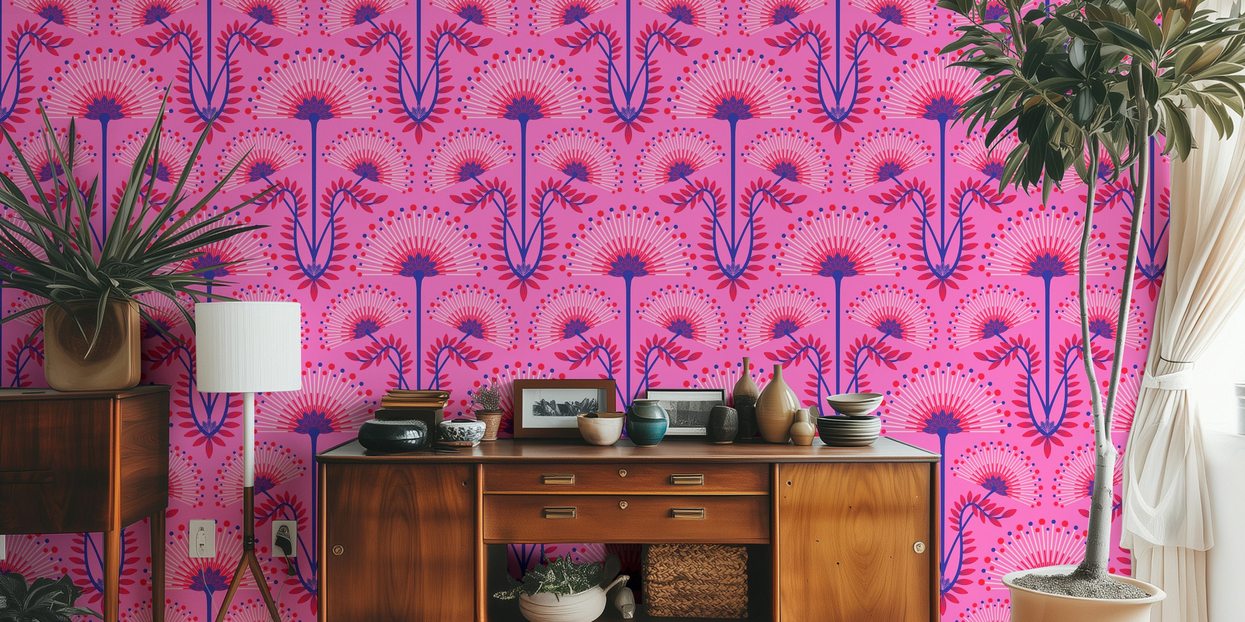 Vibrant fuchsia pink floral wallpaper design
