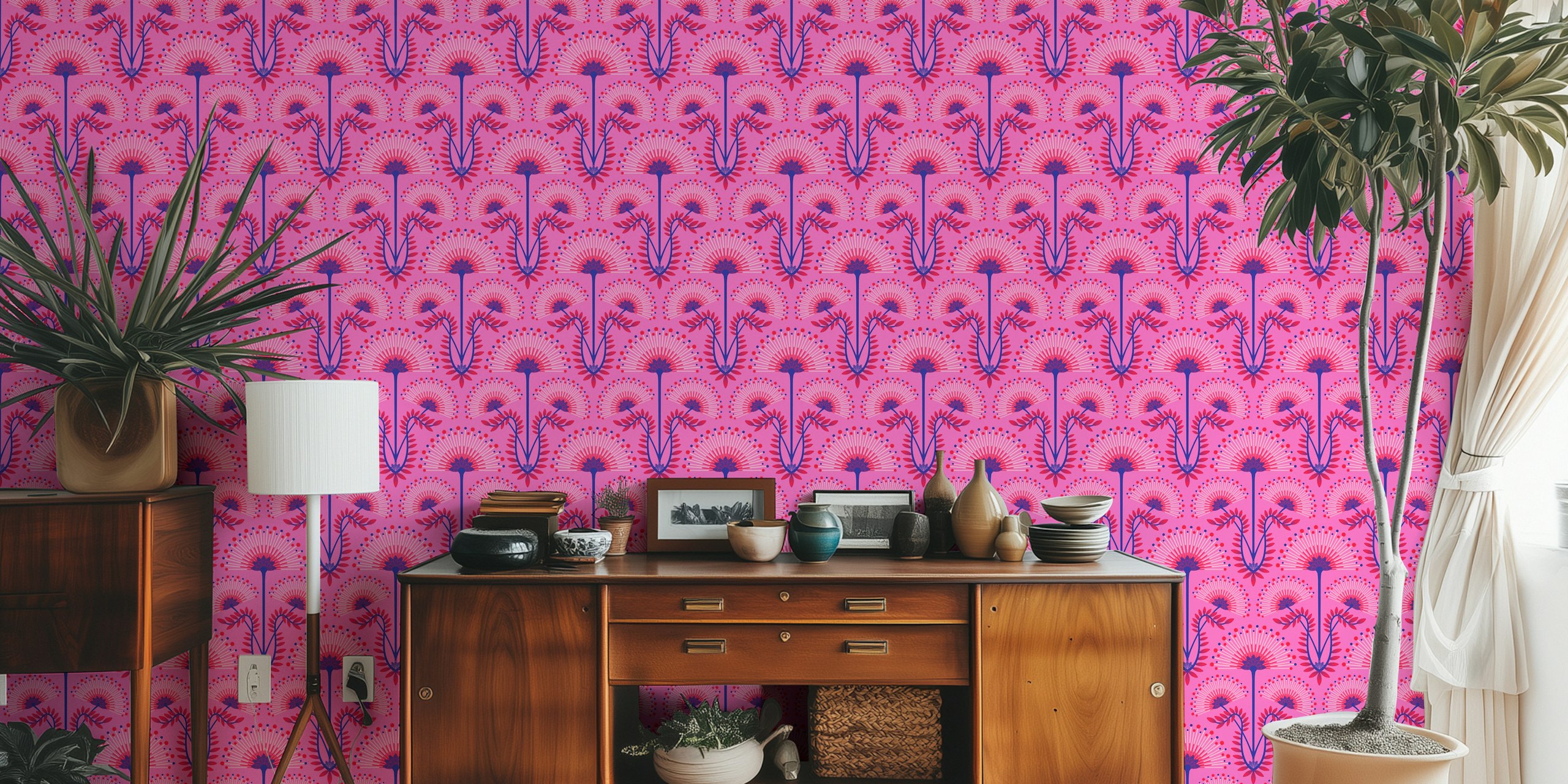 Mimosa Art Deco Floral Tapet I Fuchsia Pink
